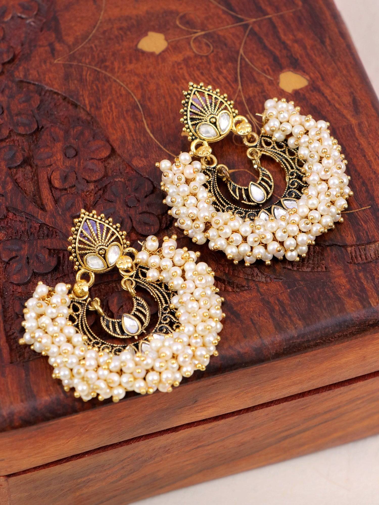 Women's Gold Plated Oxidised Chandbali Earrings with White Pearls and Kundan Stones