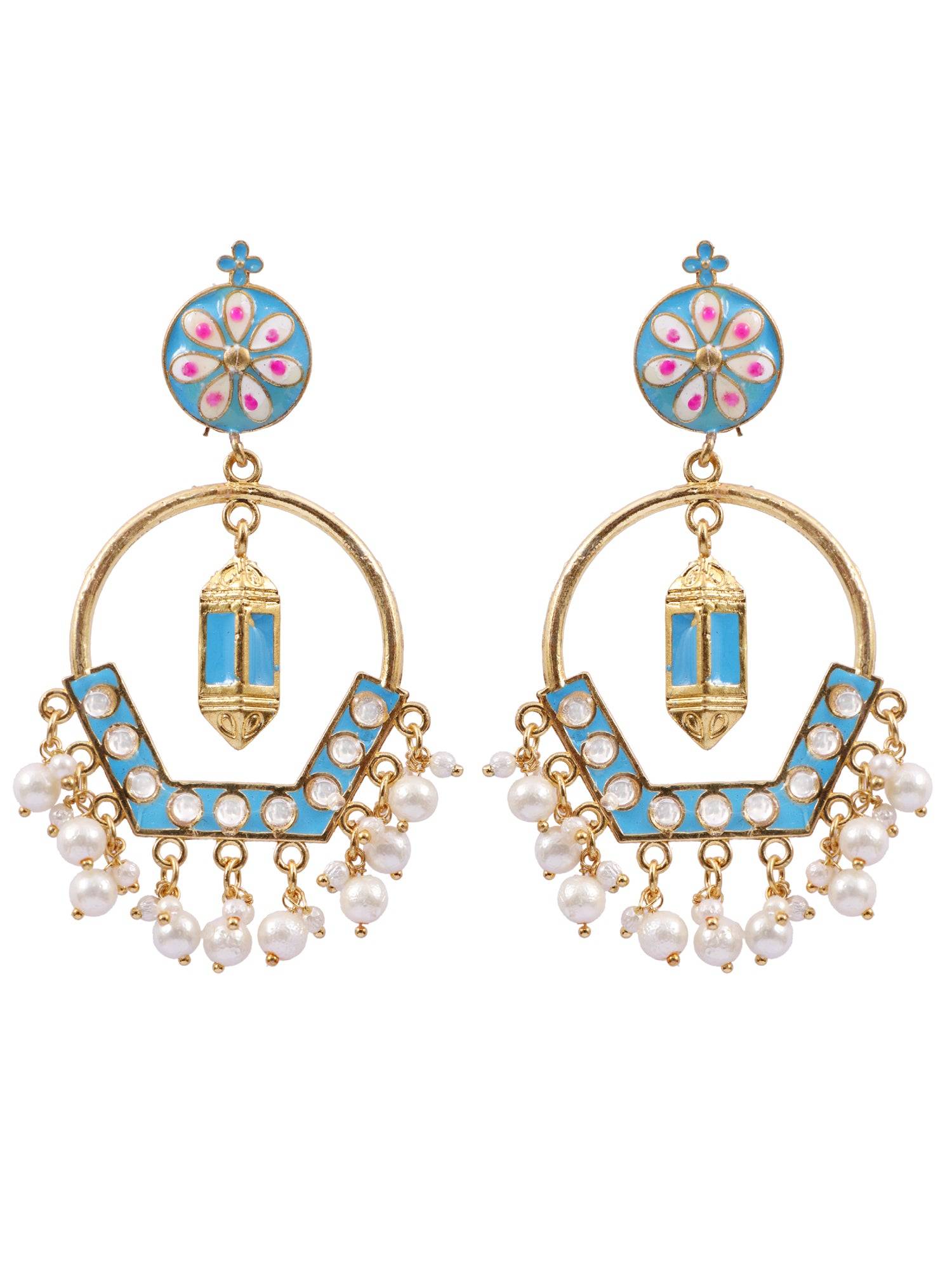 Elegant Gold-Plated Blue Pearl Meenakari Lamp-Style Jhumka Earrings for Women