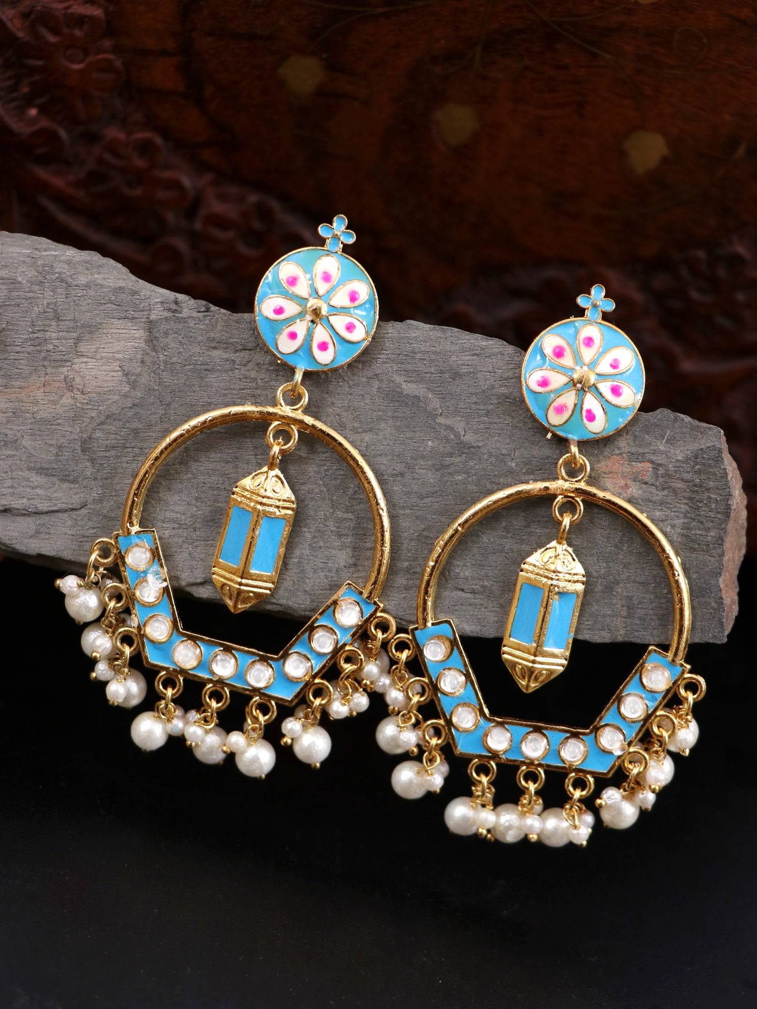 Elegant Gold-Plated Blue Pearl Meenakari Lamp-Style Jhumka Earrings for Women
