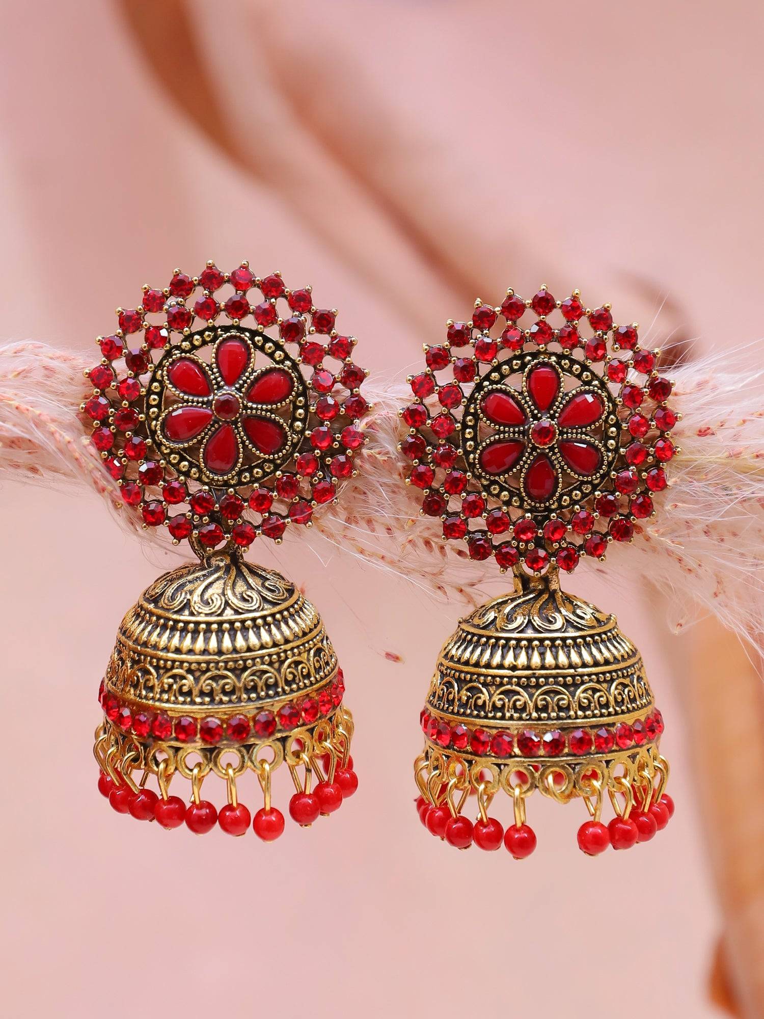 Gold-Plated Kundan & Pearl Jhumka Earrings for Women- Perfect Red Saree Jewellery