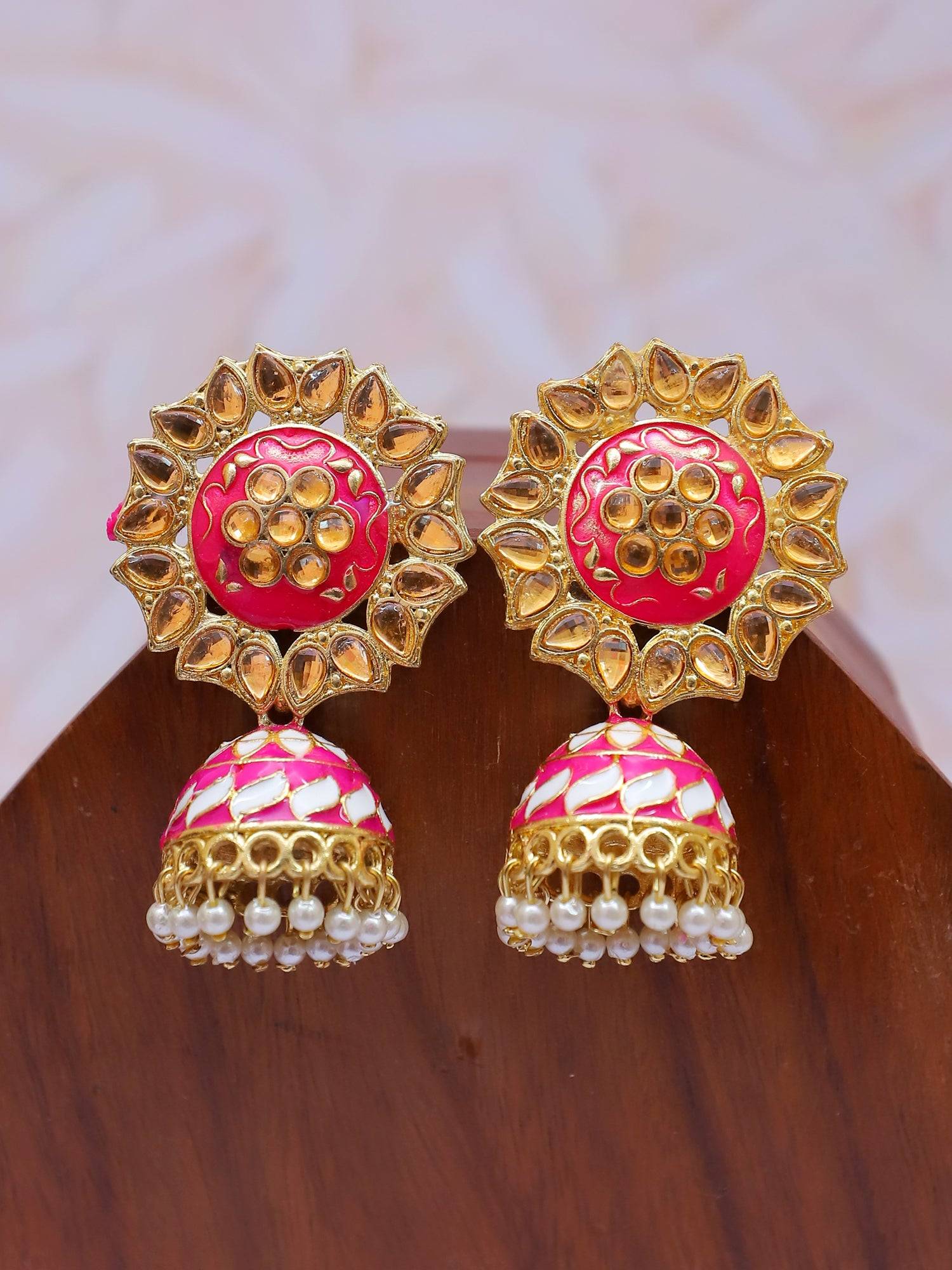 Floral Meenakari Red & Gold Kundan Traditional Jhumki Earrings