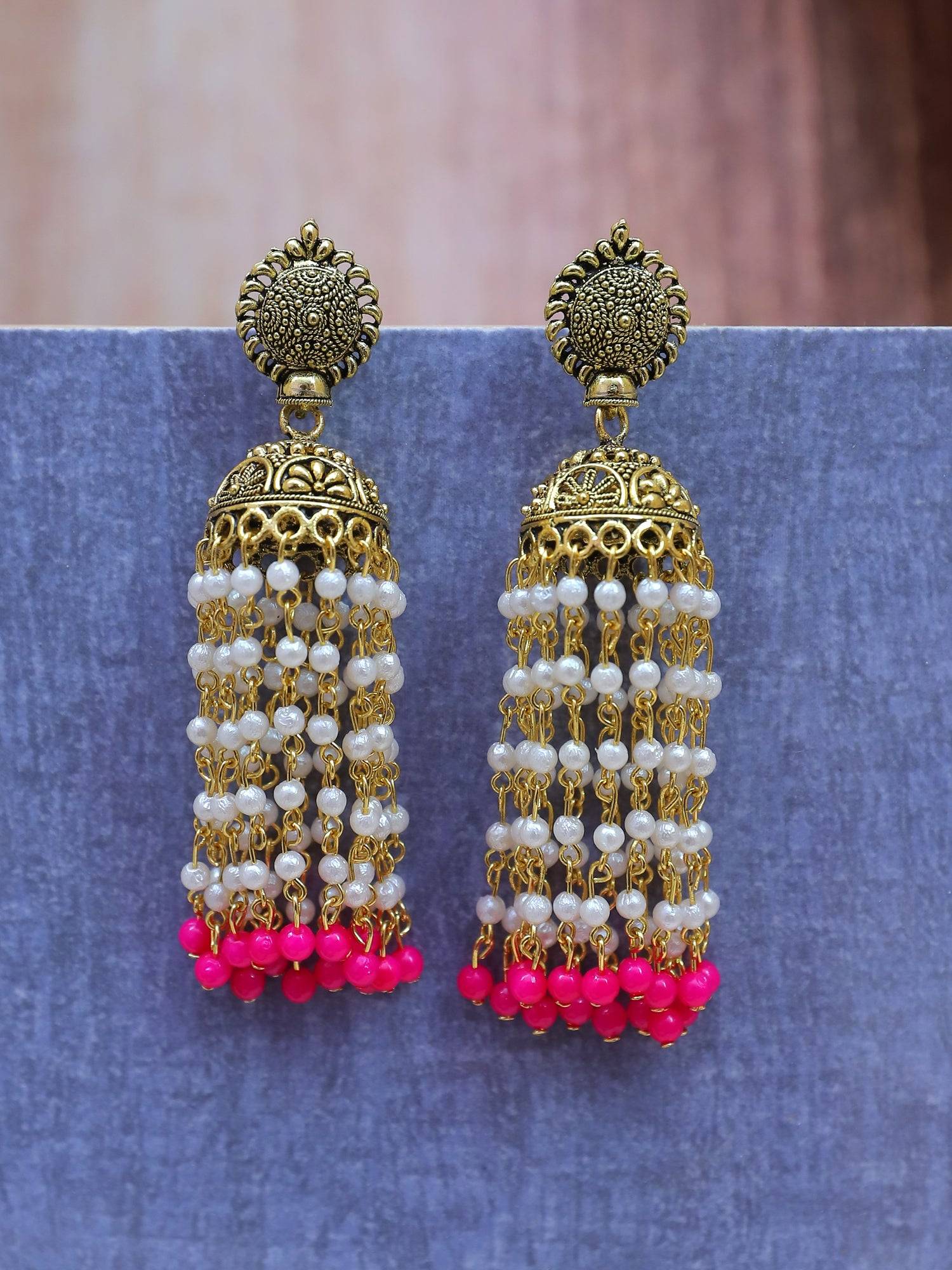 Punjabi Traditional Gold-Plated Pink Kundan Pearl Jhumka: Long Earrings for Women