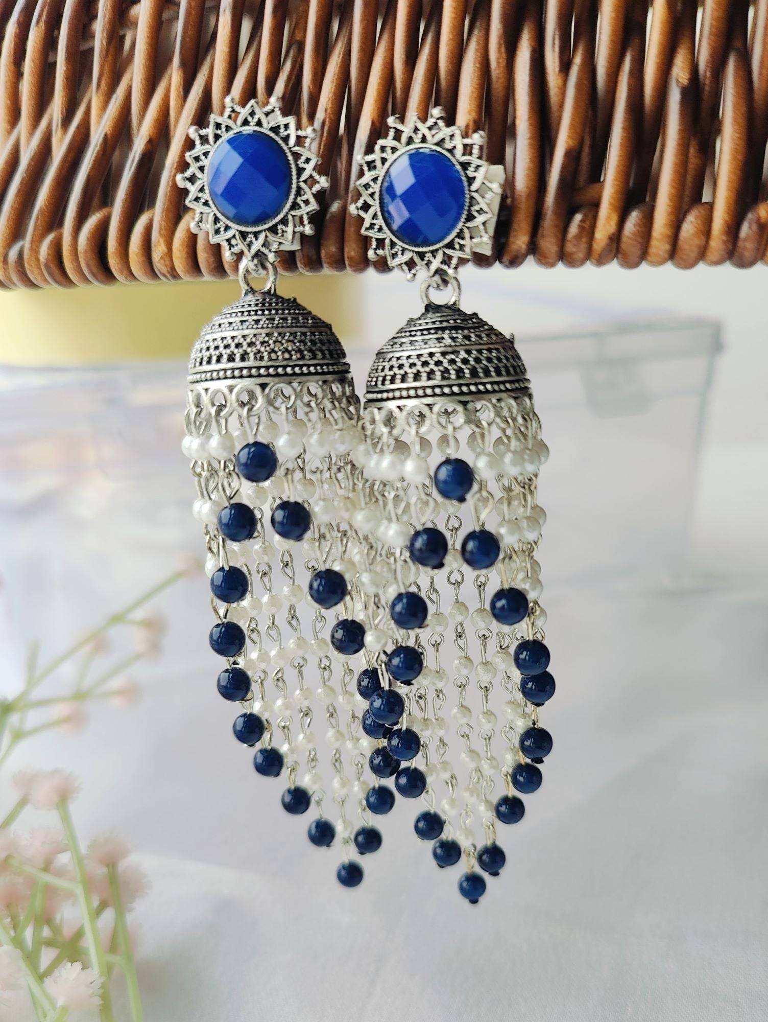 Blue Pearls Oxidised Silver Long Ethnic Jhumka Earrings for Women