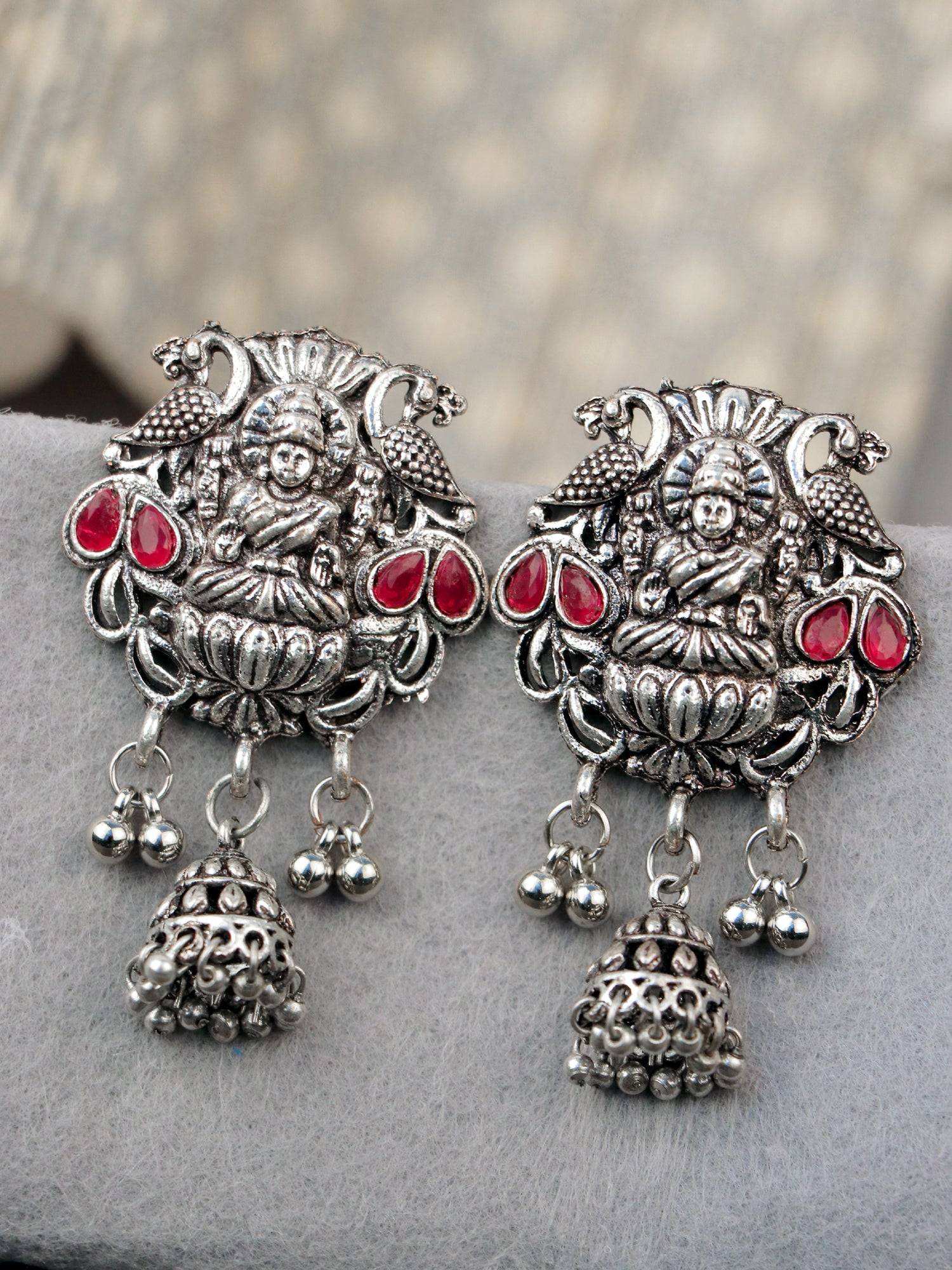 Oxidised Silver Jhumka Earrings: Traditional Indian Goddess Laxmi Design for Red Saree Matching Jewellery