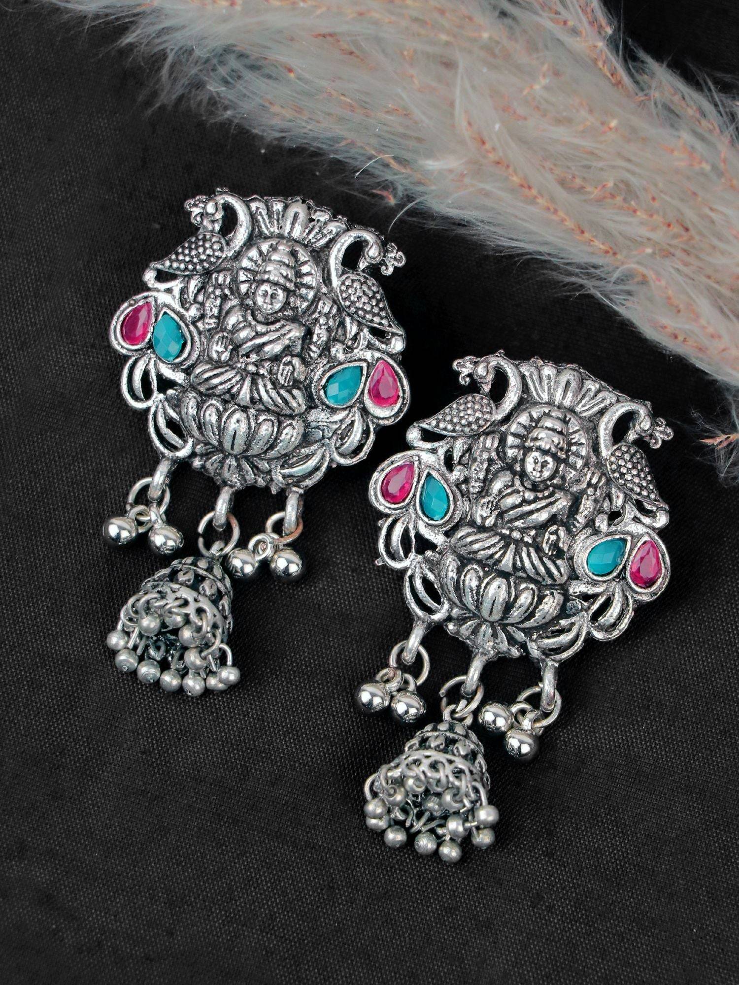 Oxidised Silver Jhumka Earrings: Traditional Indian Goddess Laxmi Design for Red Saree Matching Jewellery