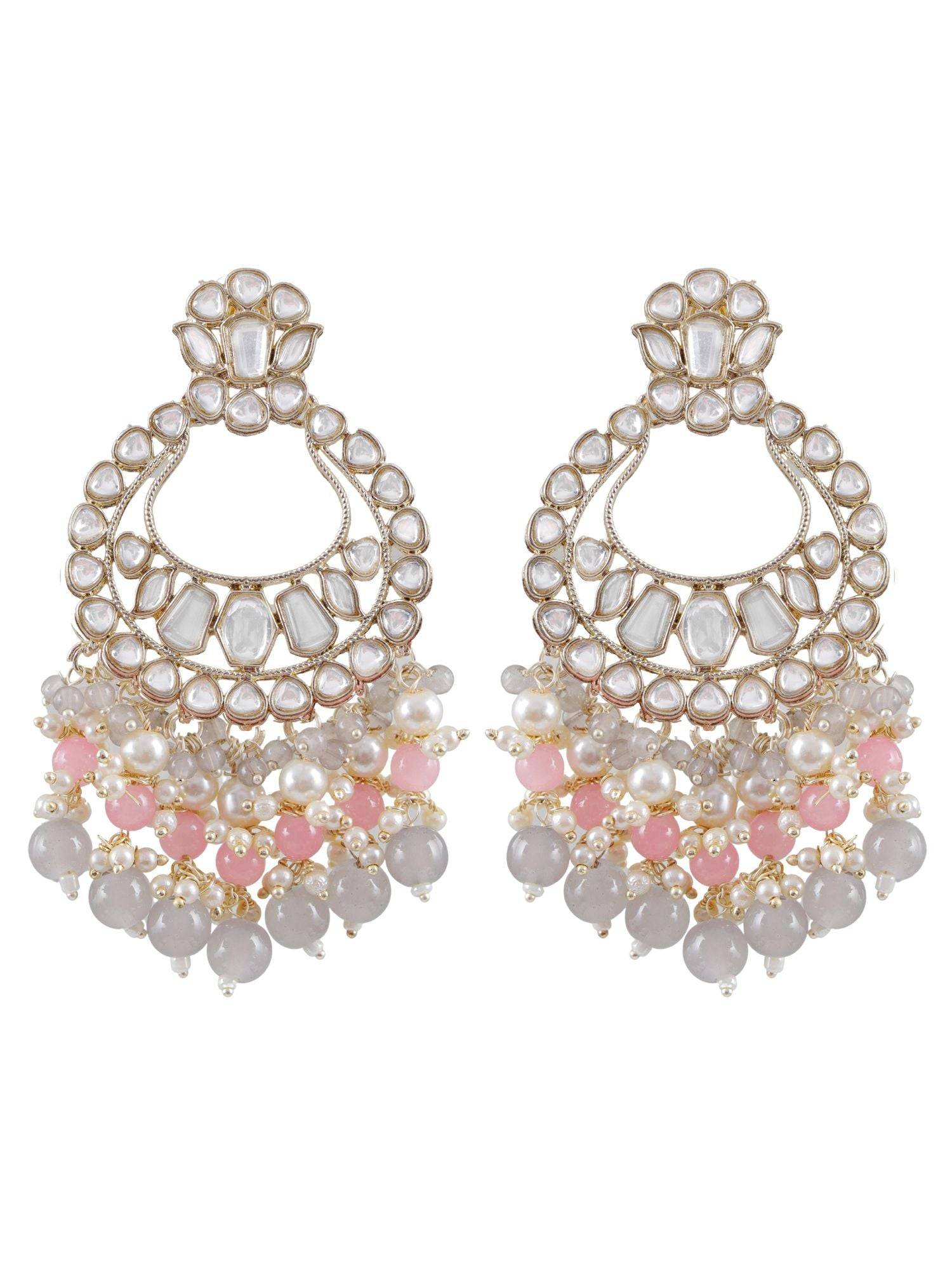 Grey Pink Pearls Kundan Chaandbaali Earrings for wedding/Party Wear