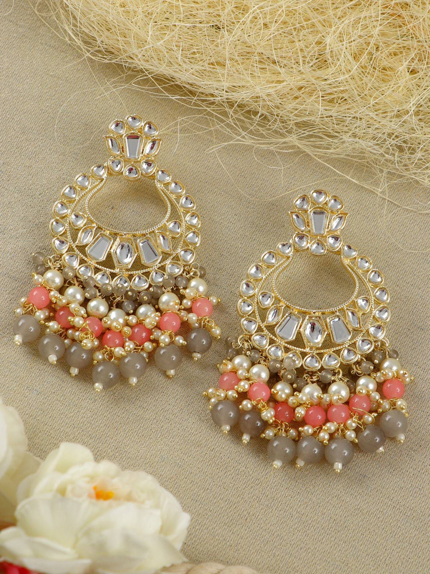 Grey Pink Pearls Kundan Chaandbaali Earrings for wedding/Party Wear