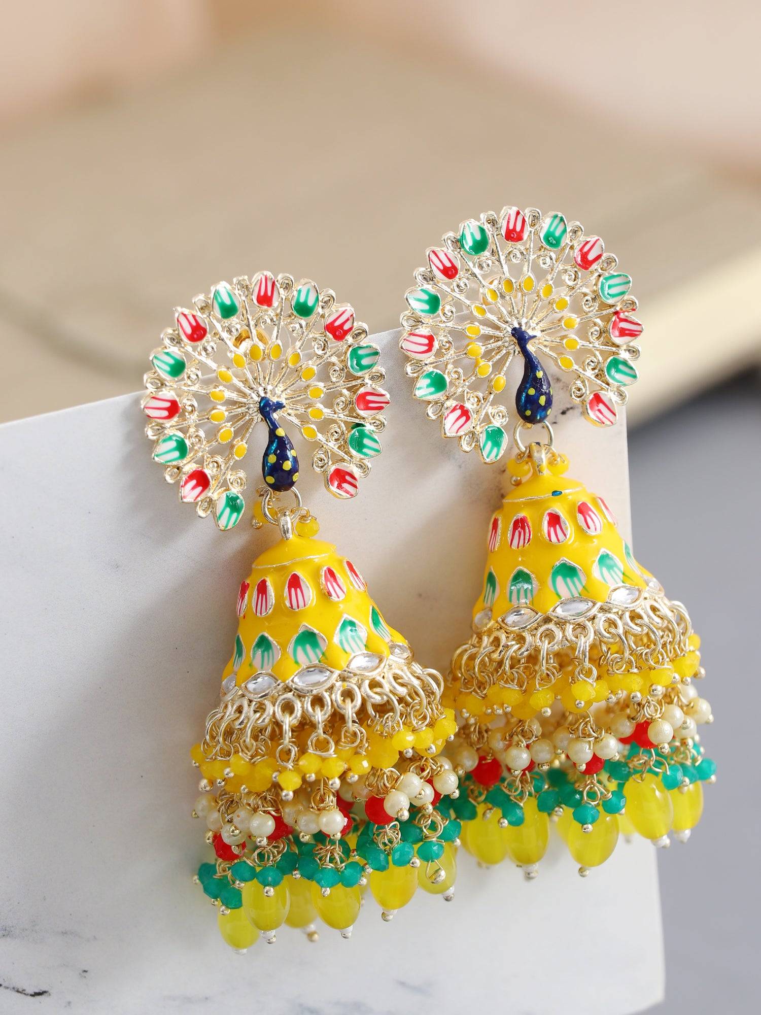Meenakari Peacock Jhumka Earrings For Haldi/Wedding