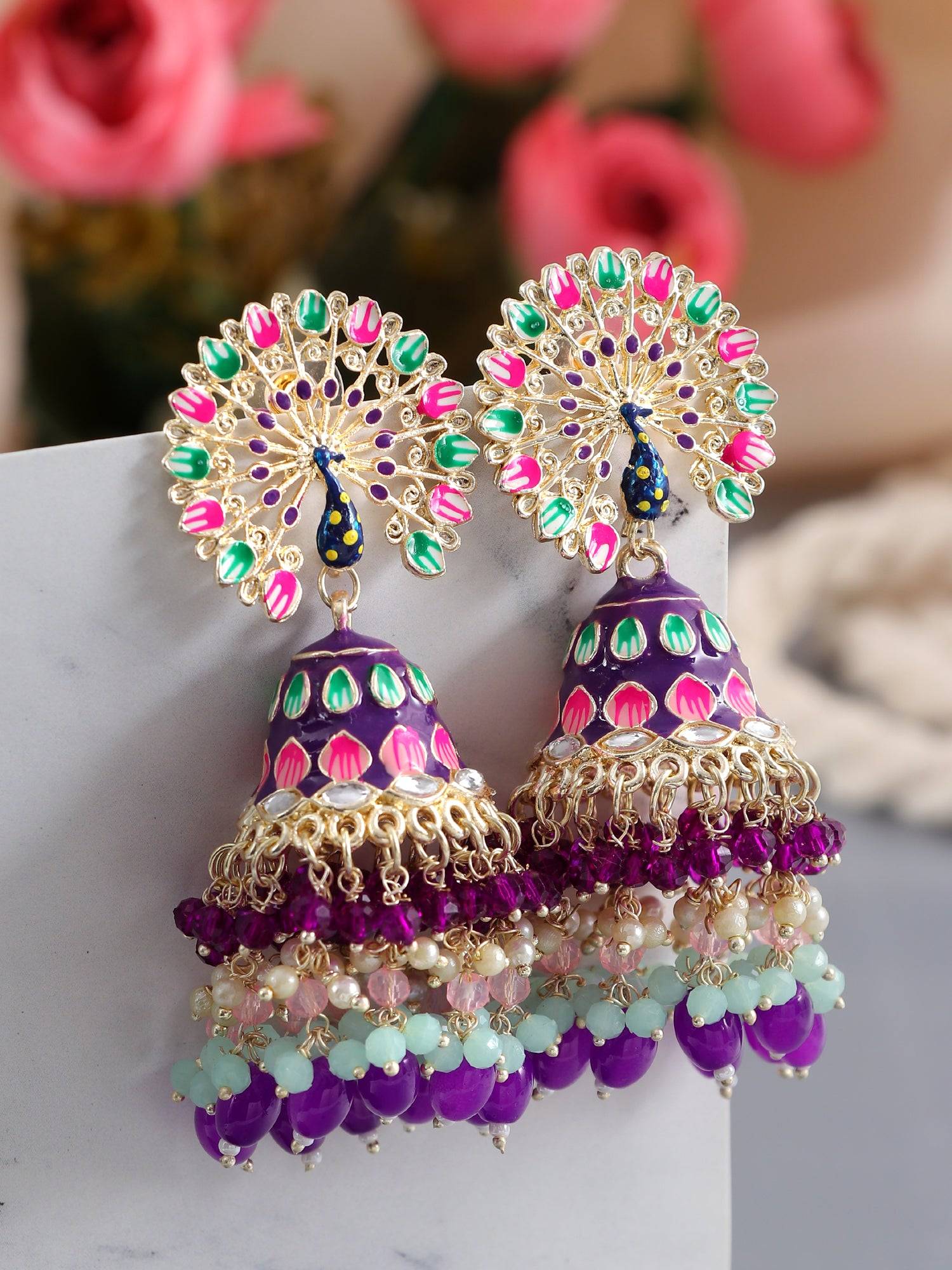 Meenakari Peacock Jhumka Earrings For Haldi/Wedding