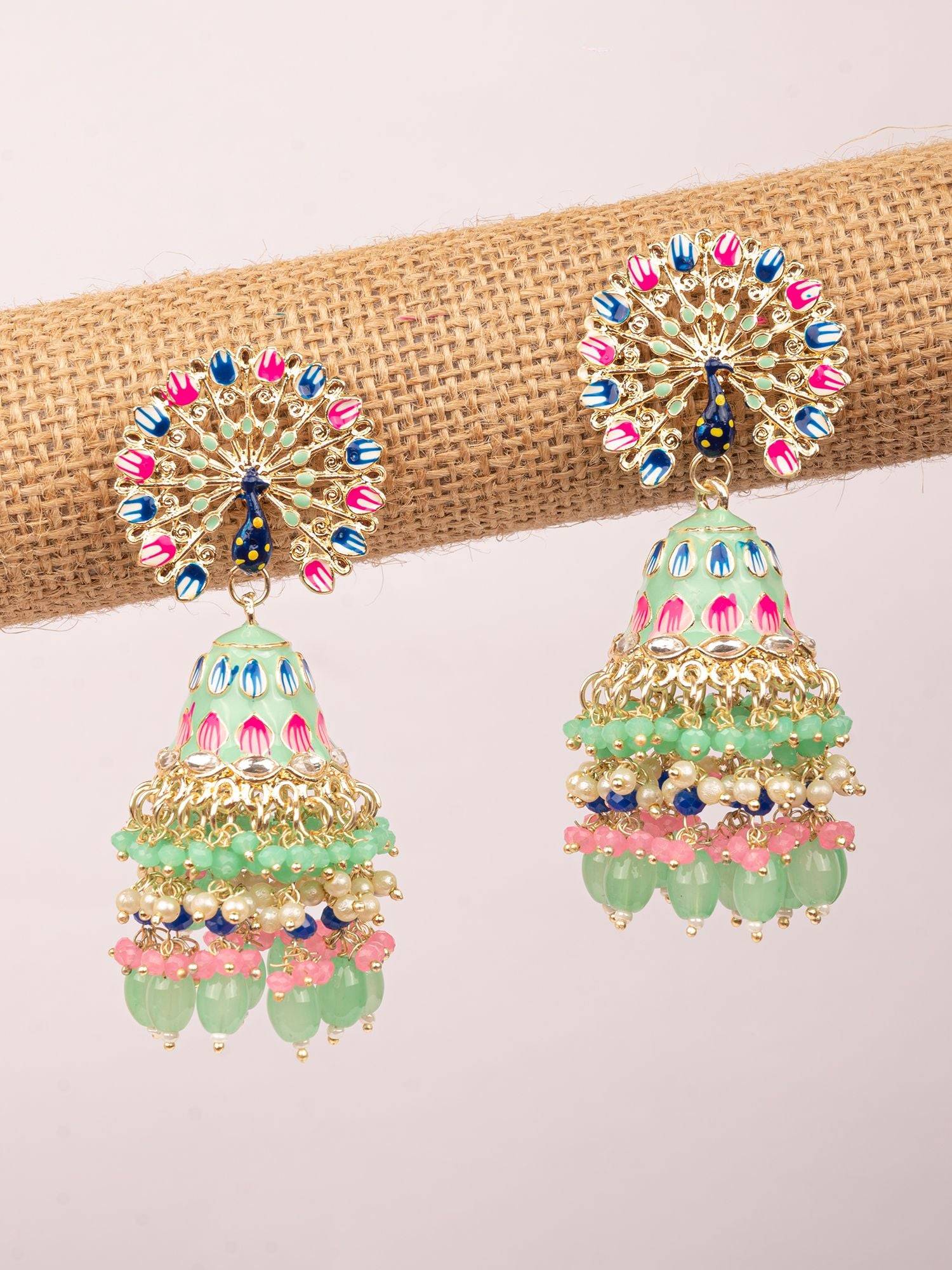 Mint Green Peacock Themed Jhumka Earrings Gold - Traditional Moti Work for Women and Girls