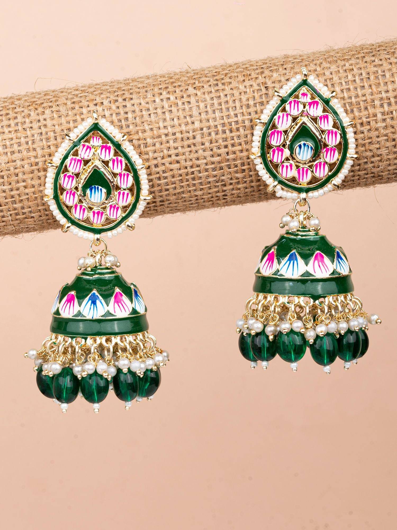 Ethnic Meenakari Jhumka, Green Traditional Earrings with Moti Work & Pearl Jewellery