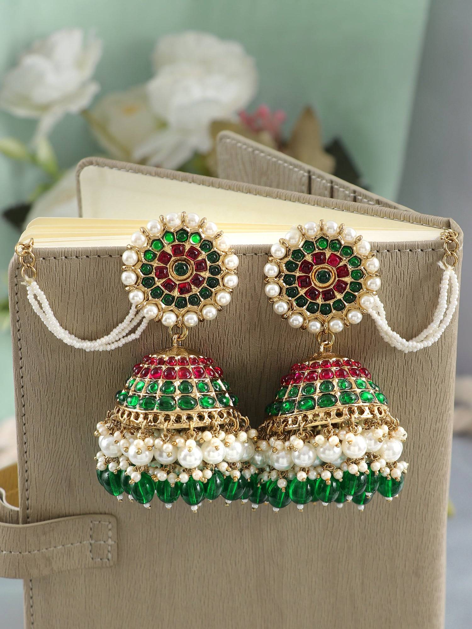 Pink-Green Kundan Studded Wedding Jhumka Earrings for Women