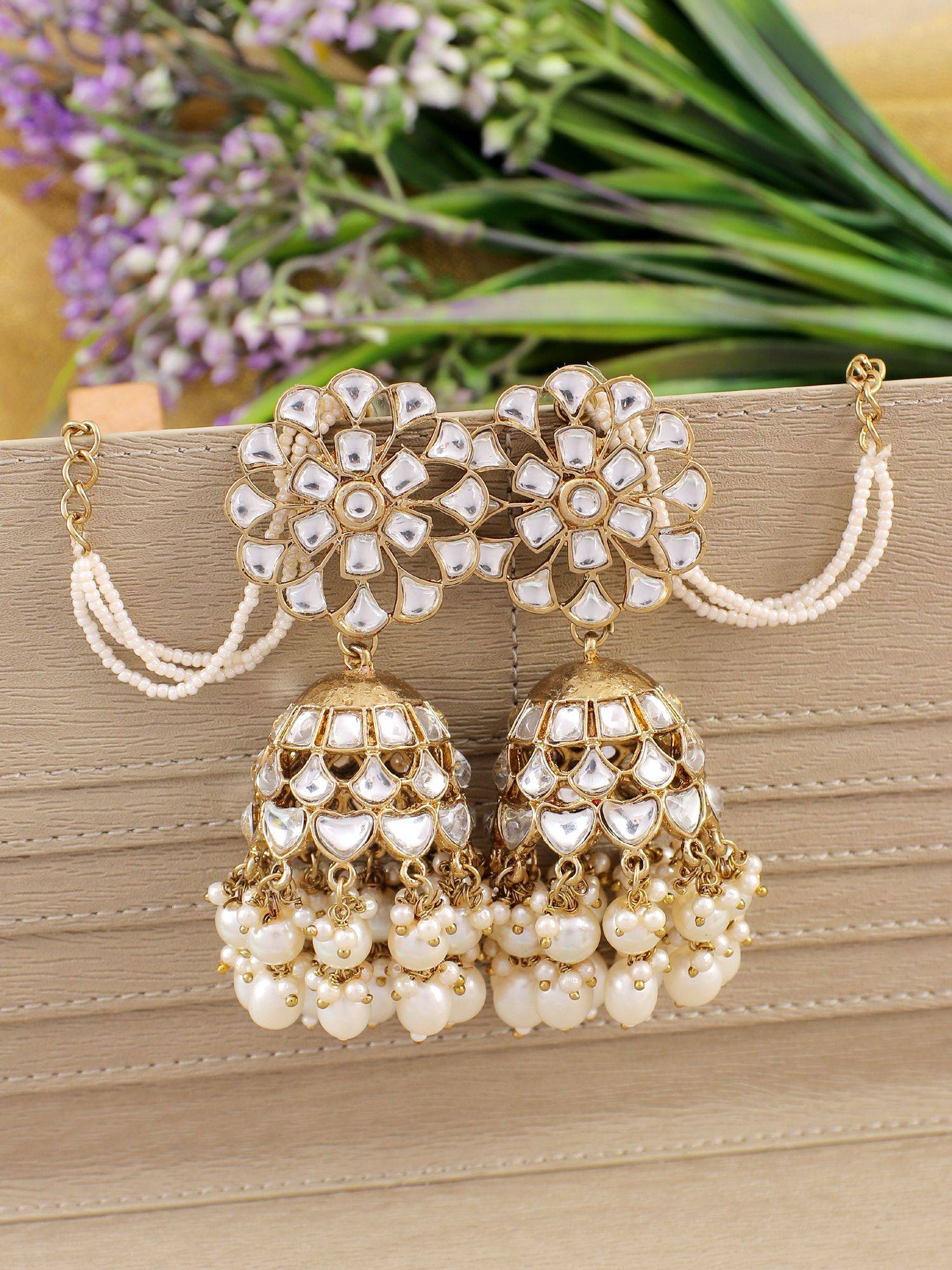 Kundan-Studded Pearl drop Traditional Party Wear Jhumka Earrings for Women