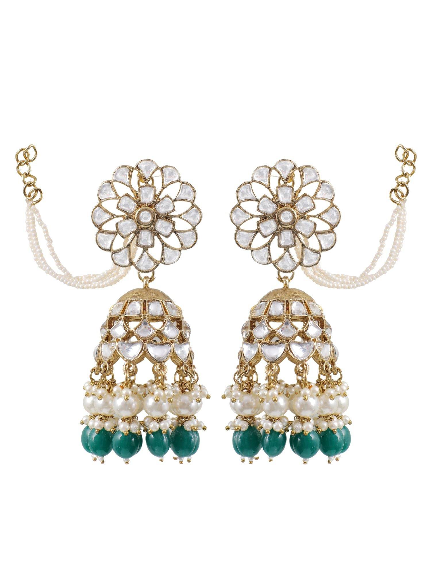 Green Drops Kundan Studded Statement Jhumkas with Ear Chains for Women