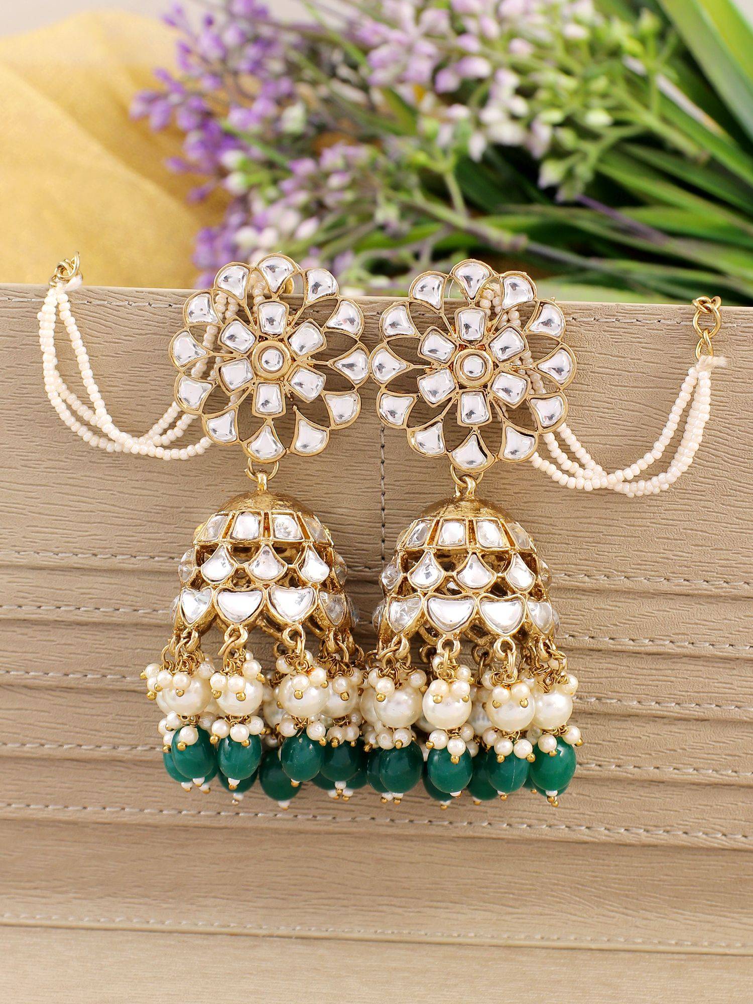 Green Drops Kundan Studded Statement Jhumkas with Ear Chains for Women