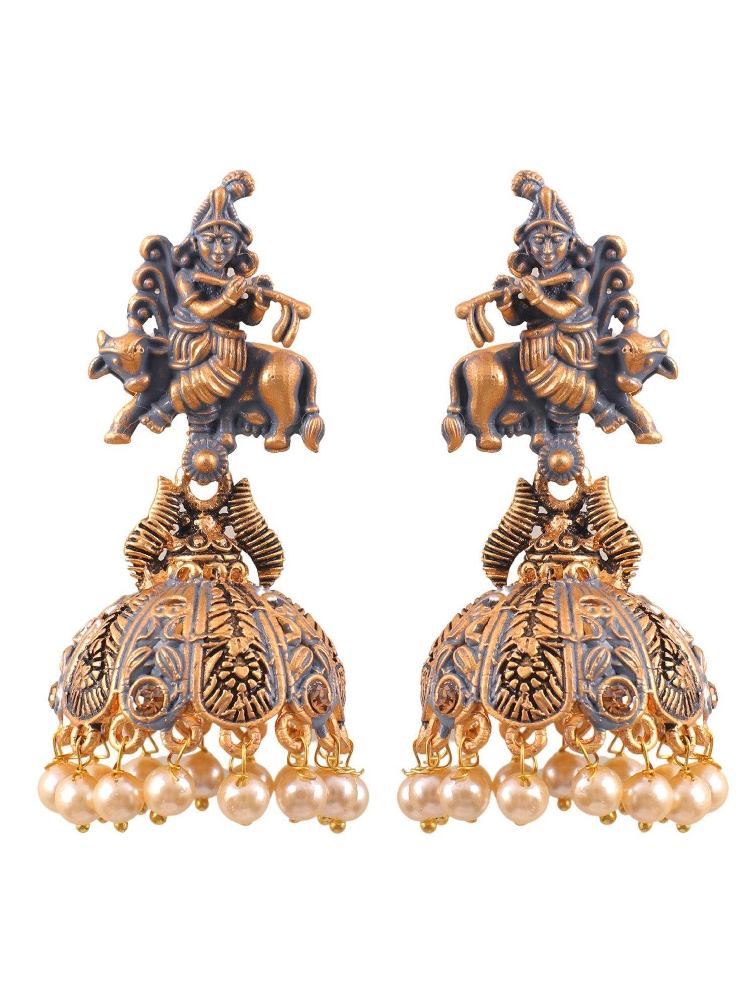 Antique Gold Plated Grey Drops Krishna Jhumka Earrings for Women & Girls