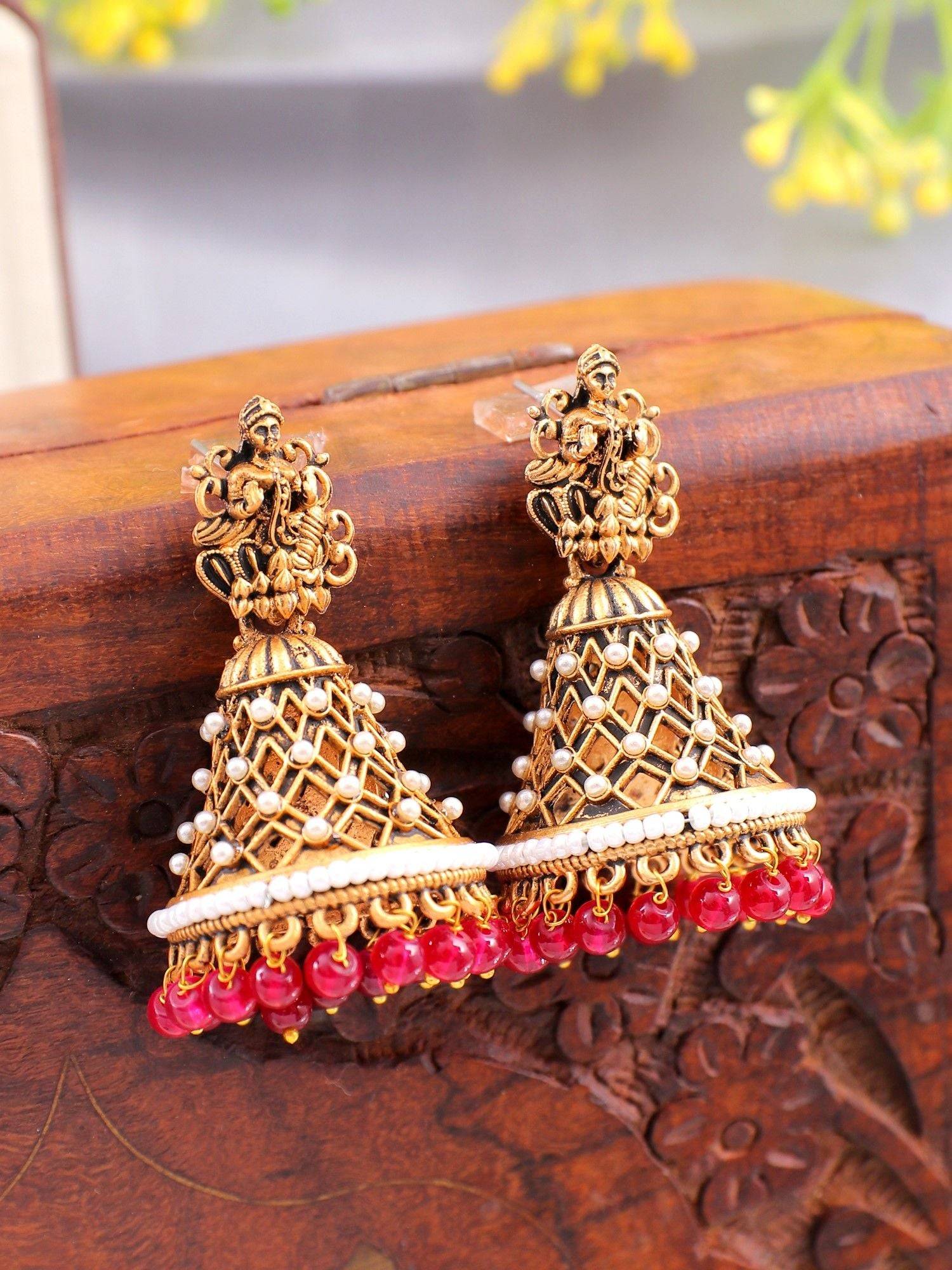Traditional Red Jhumka Earrings with Antique Mata Laxmi Design for Temple Jewellery