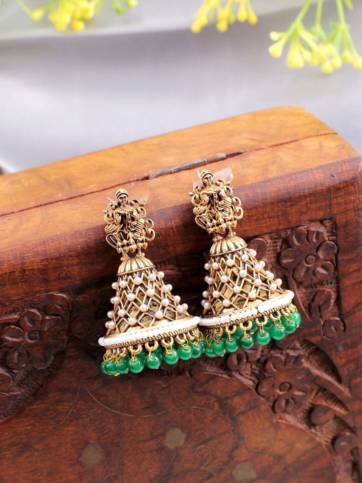 Antique Gold Plated Goddess Laxmi/Temple  Jhumka Earrings for WOmen