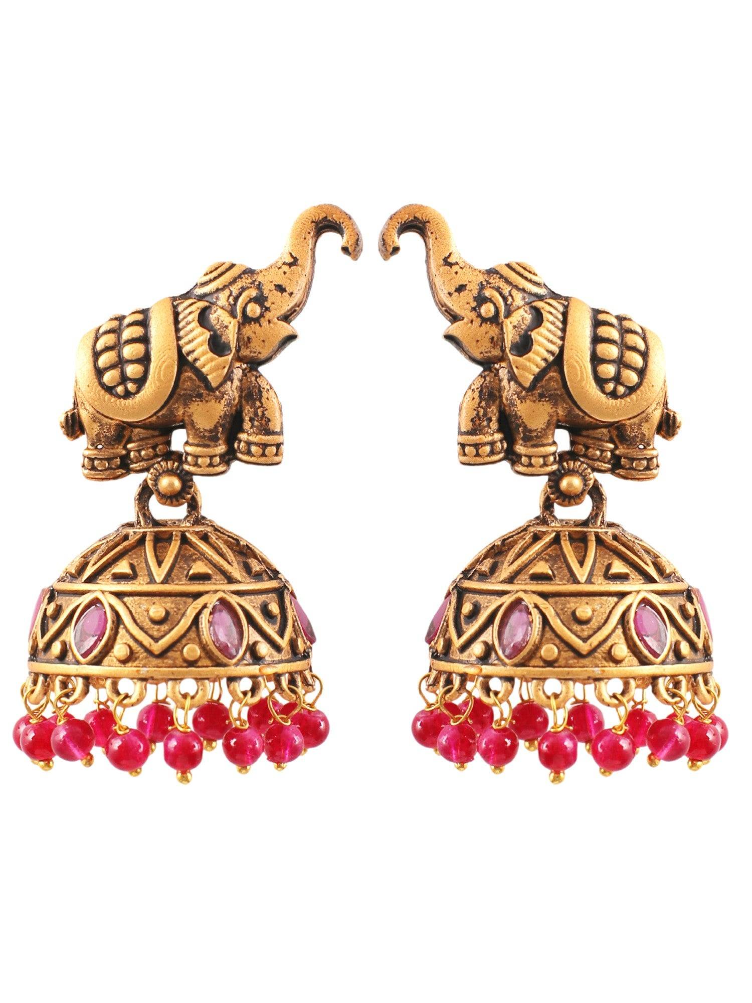 Antique Gold Plated Magenta Drops Elephant Jhumka Earrings