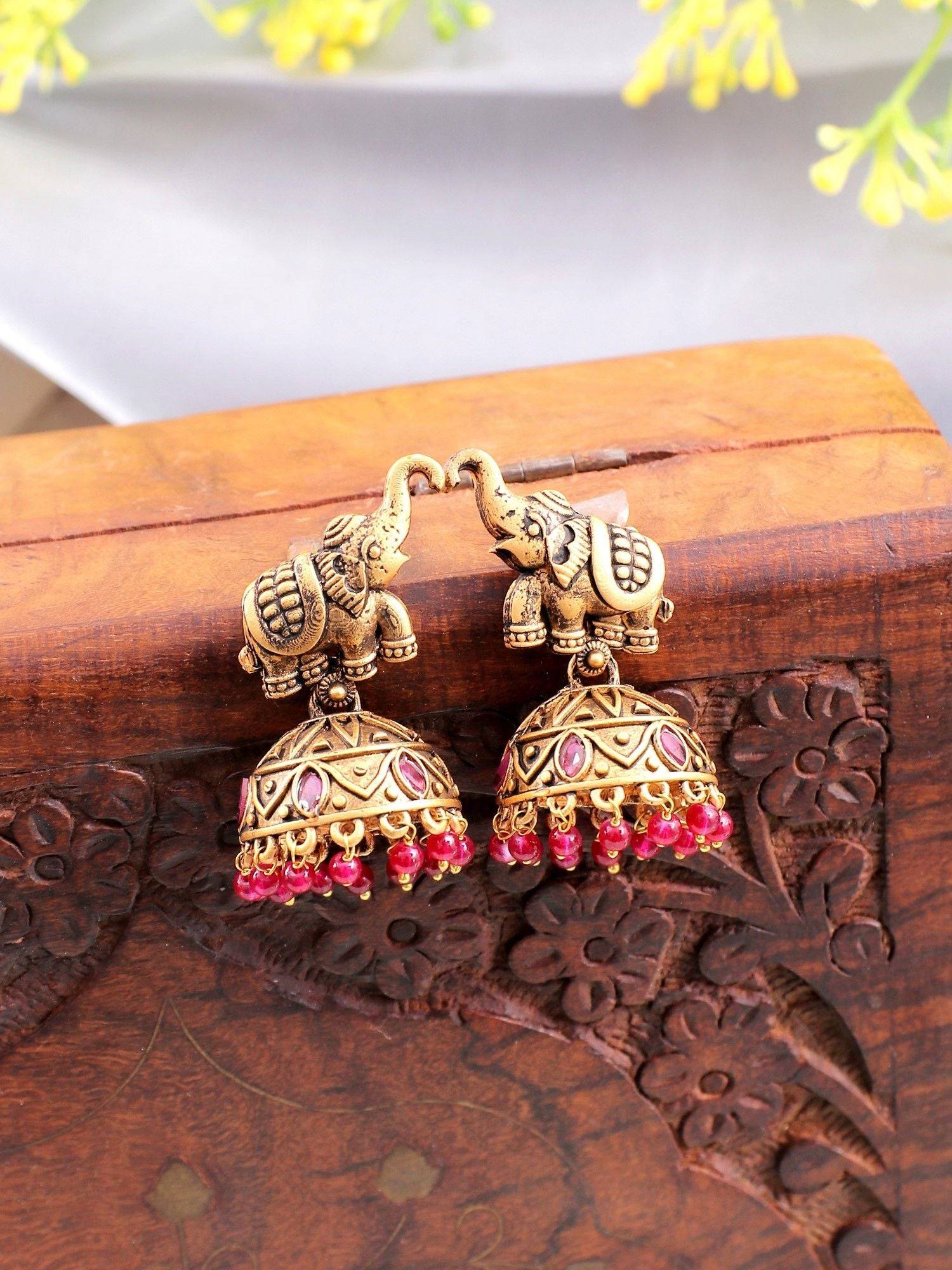 Antique Gold Plated Magenta Drops Elephant Jhumka Earrings