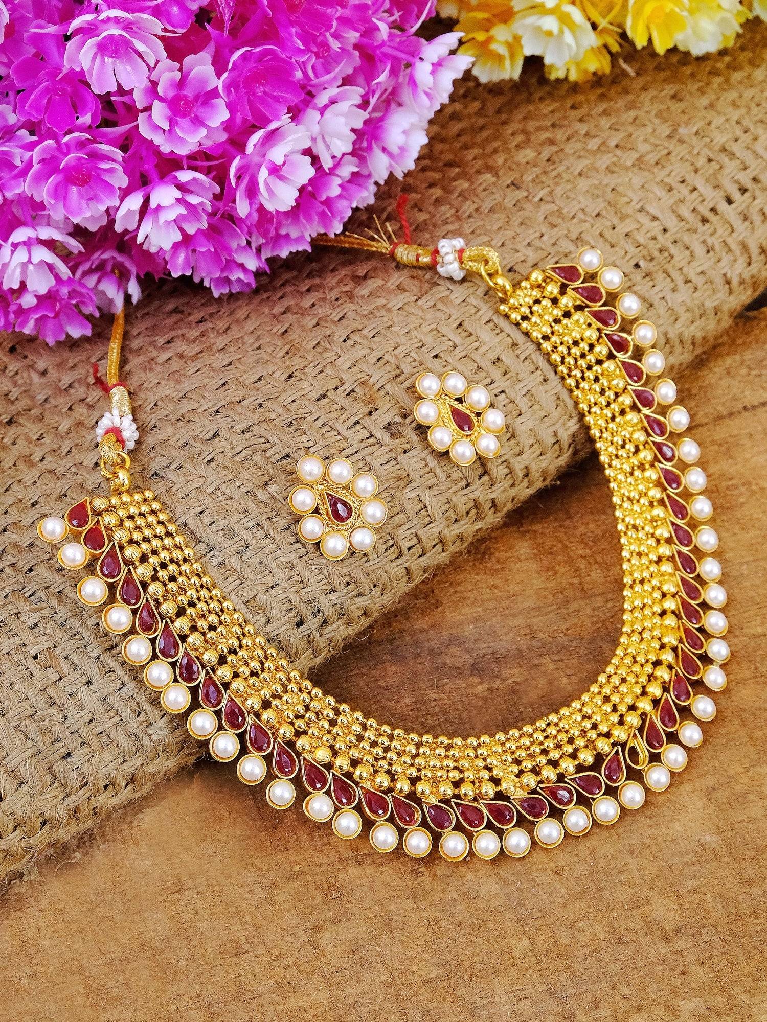 Traditional Gold Plated Maroon Kundan Necklace with Stud Earrings RAS0171