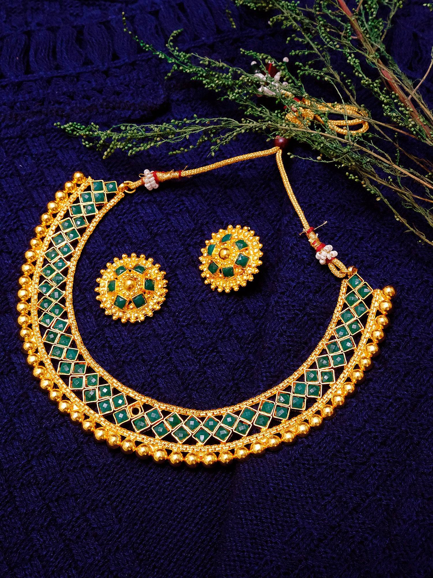 Opulent Gold-Plated Green Choker: A Traditional Jewellery Set for Weddings