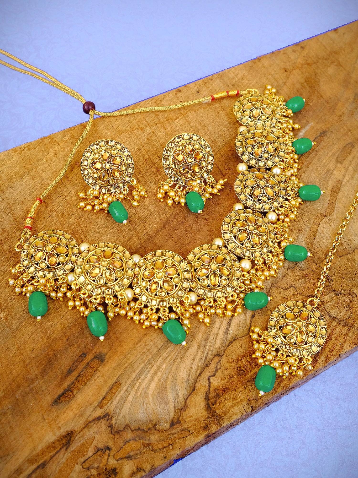 Traditional Round Floral Green Pearl Choker Necklace Set With Earring & Maang Tika RAS0221