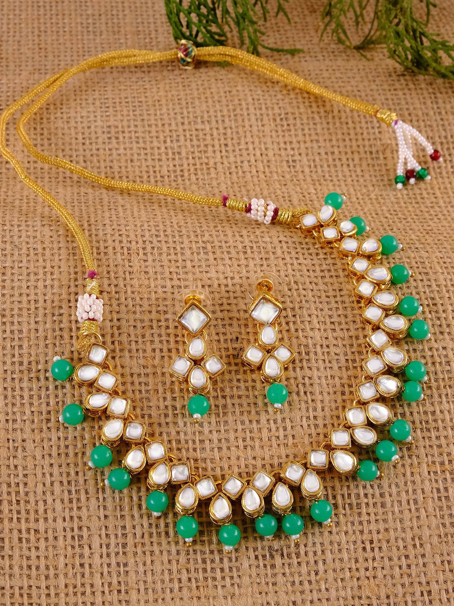 Traditional Wedding Collection Choker Necklace Green Pearls and Kundan Work  With Earrings RAS0291