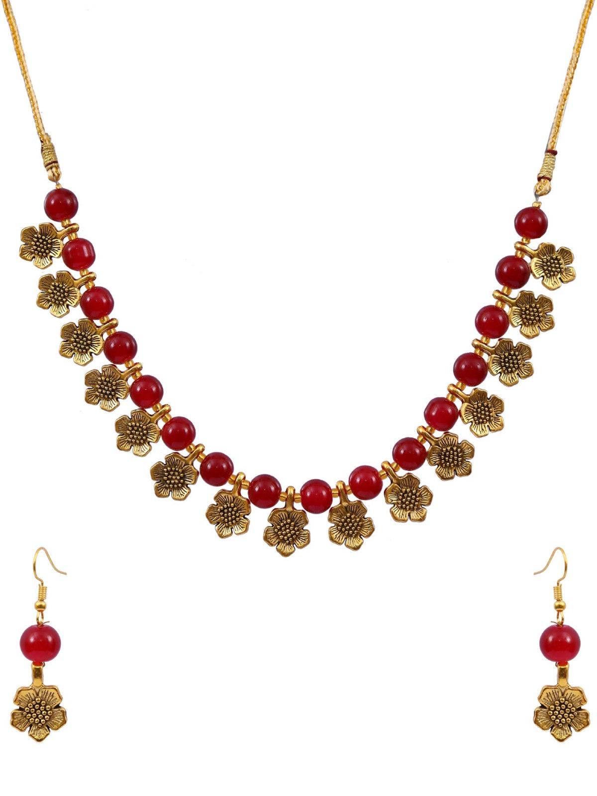 Antique German Oxidized Gold  Exclusive Red Beads Contemporary Necklace & Earrings Set RAS0417