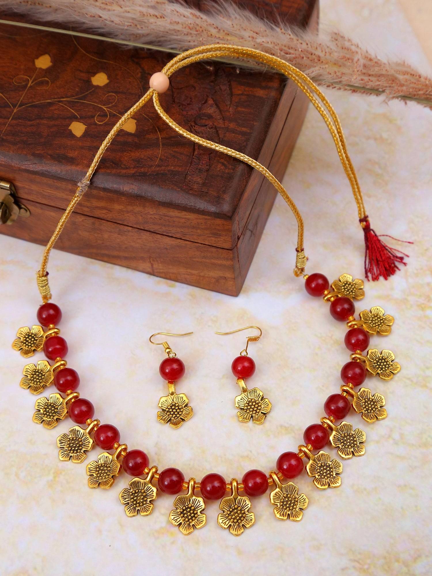 Antique German Oxidized Gold  Exclusive Red Beads Contemporary Necklace & Earrings Set RAS0417