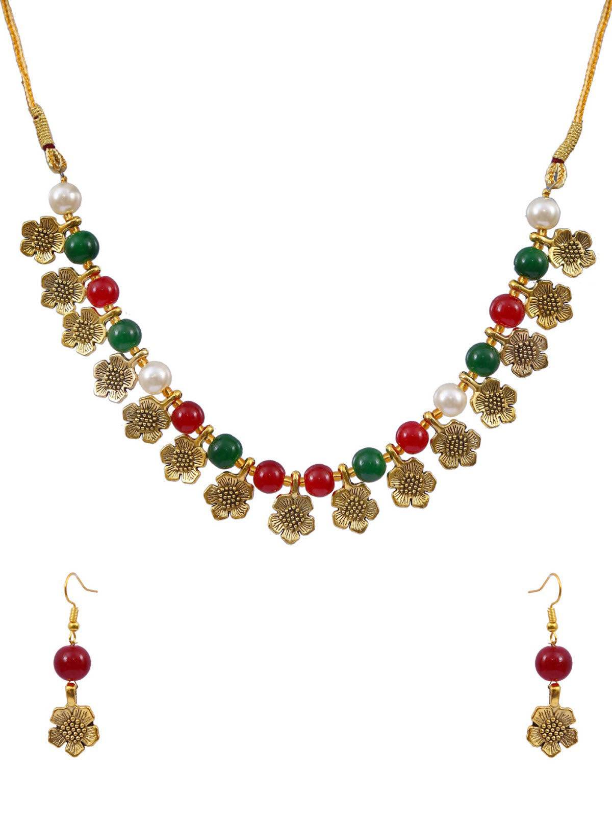 Gold-Plated Multicolor Beads Choker  Necklace & Earring Set  RAS0419