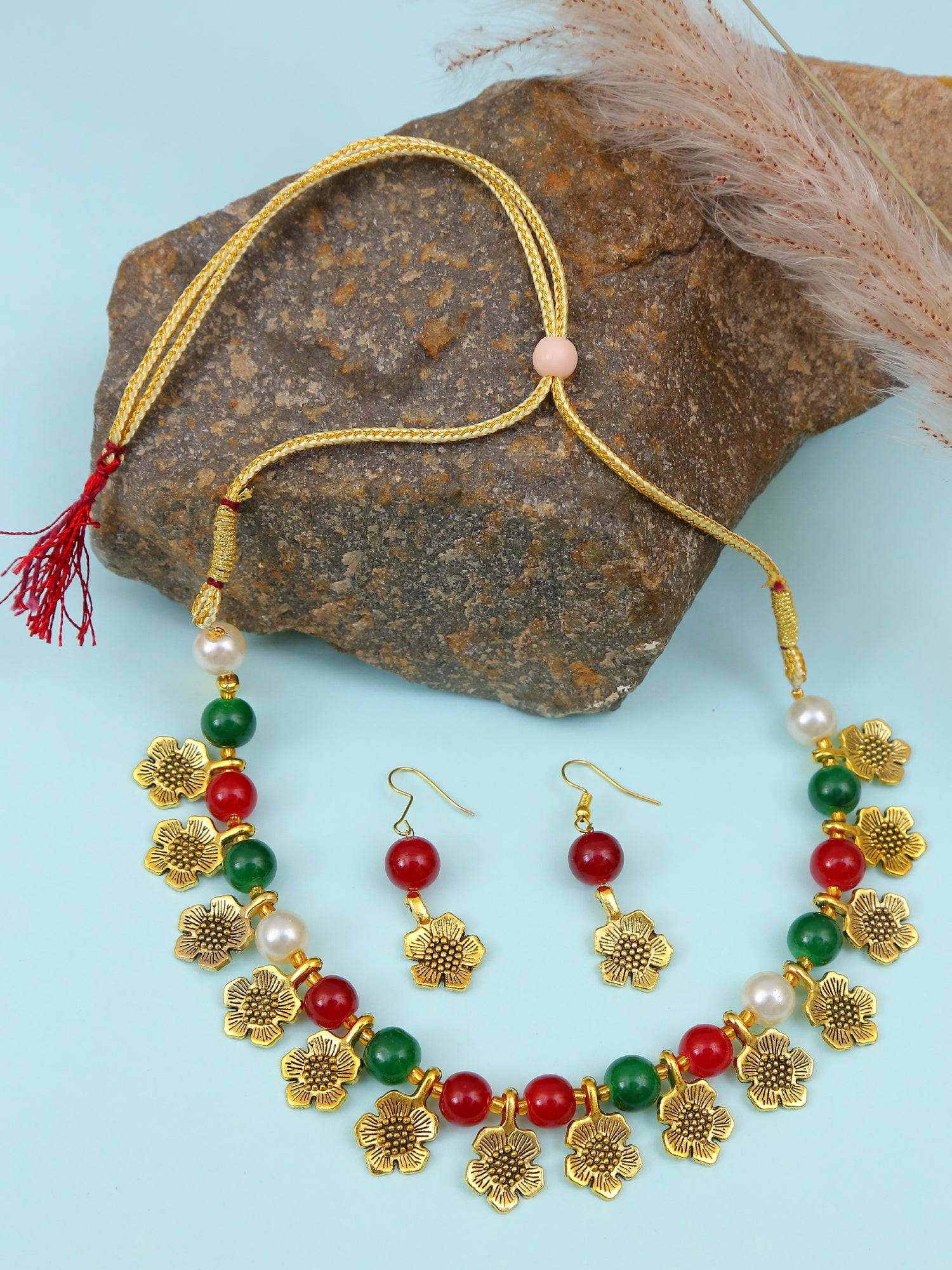Gold-Plated Multicolor Beads Choker  Necklace & Earring Set  RAS0419