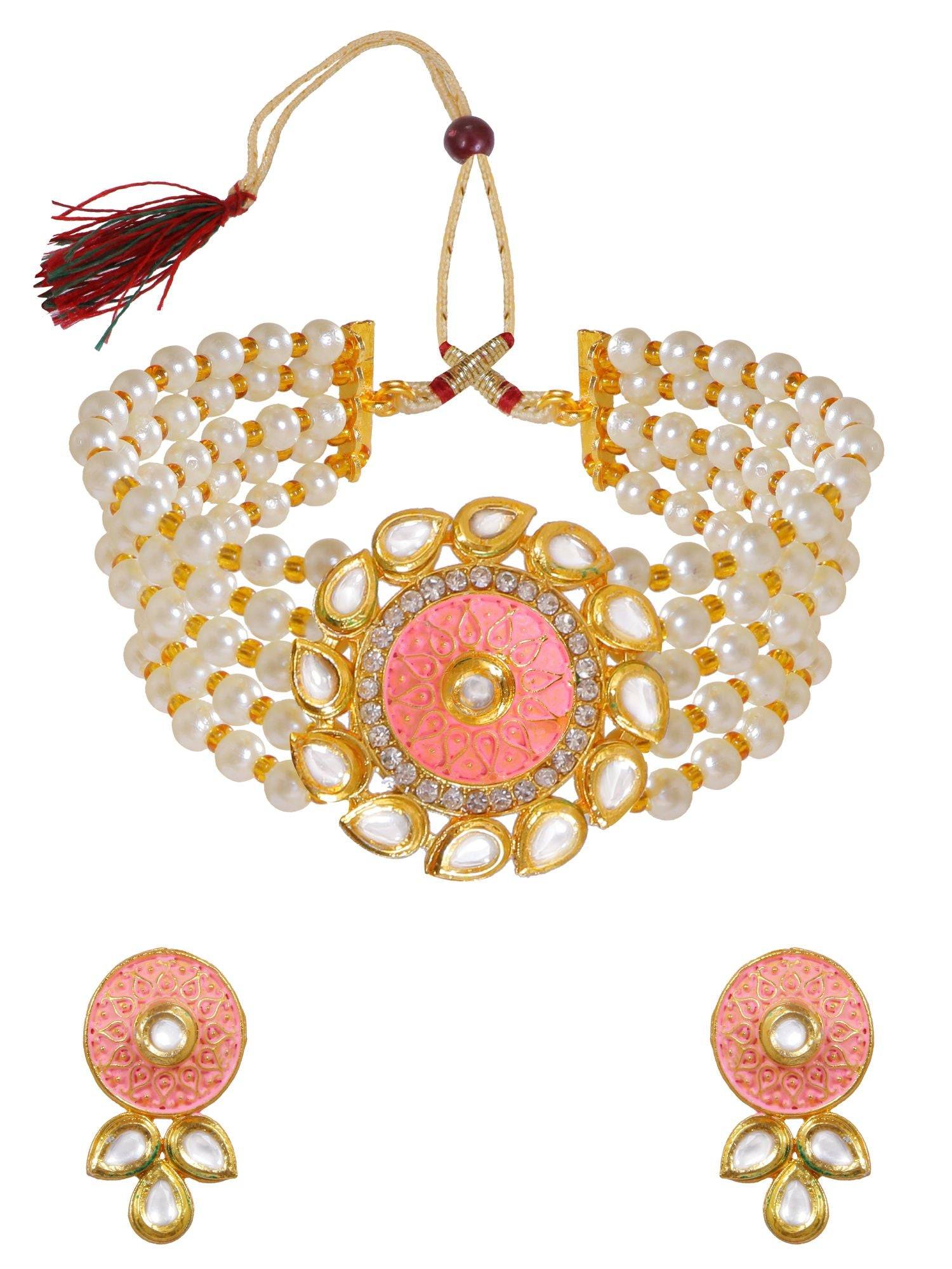 Peach Meenakari Kundan & Pearl Choker Necklace Set for Women