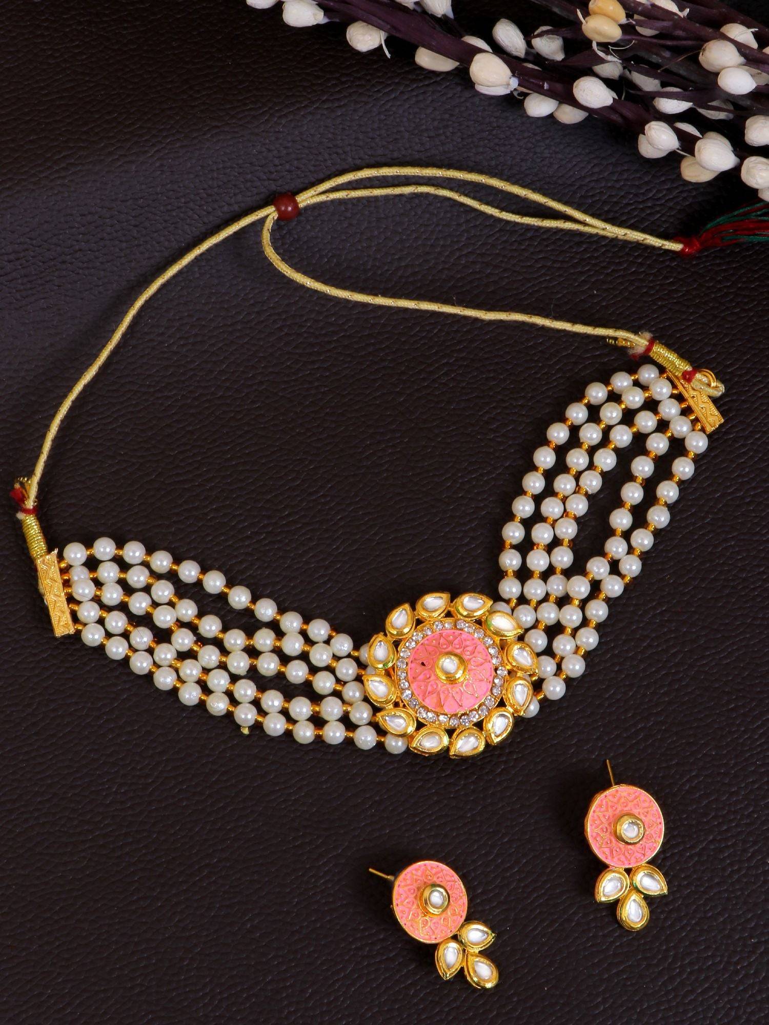 Peach Meenakari Kundan & Pearl Choker Necklace Set for Women