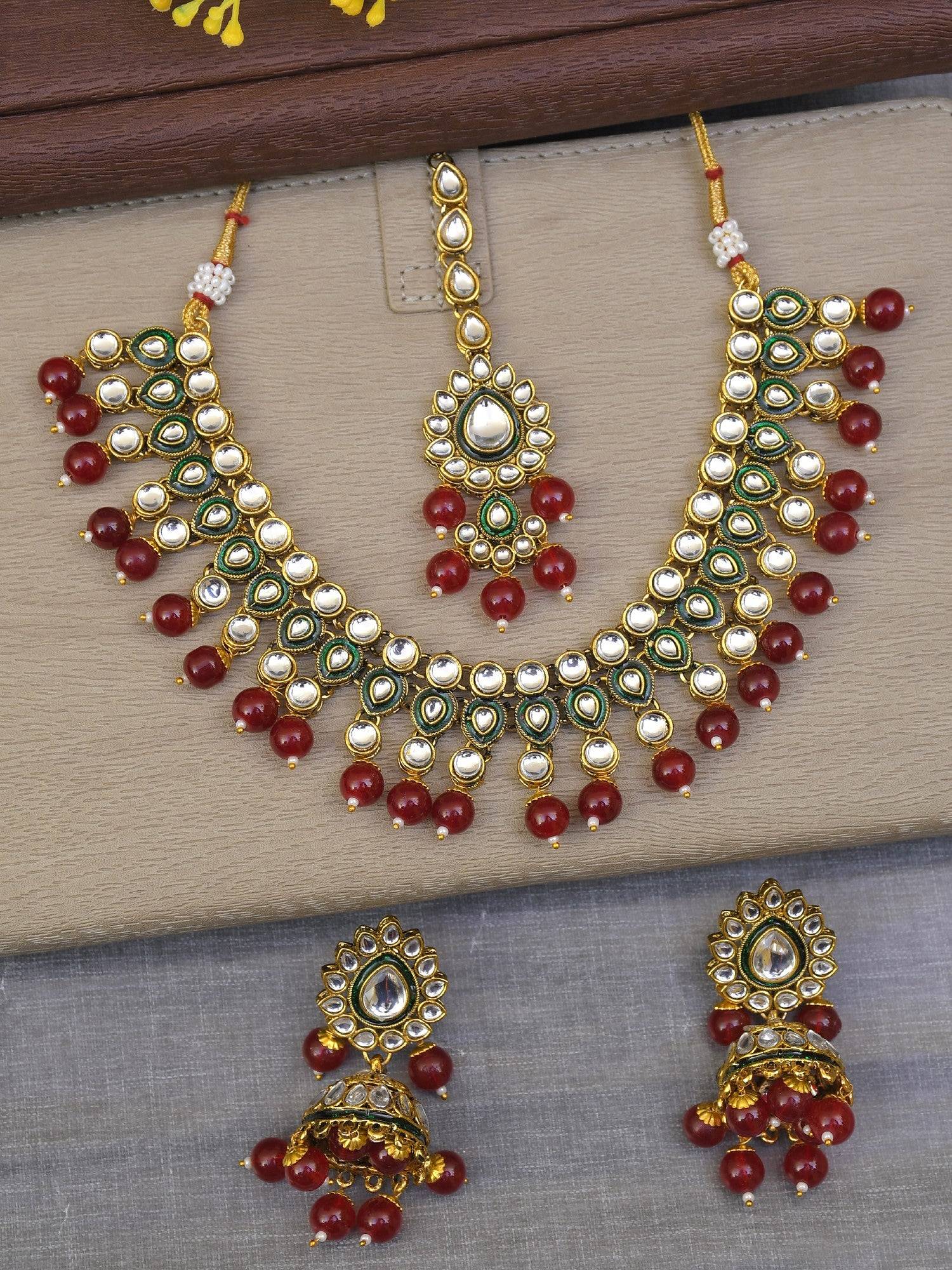 Beautifully Unique Green Meenakari Ethnic | Kundan Necklace Set for Weddings