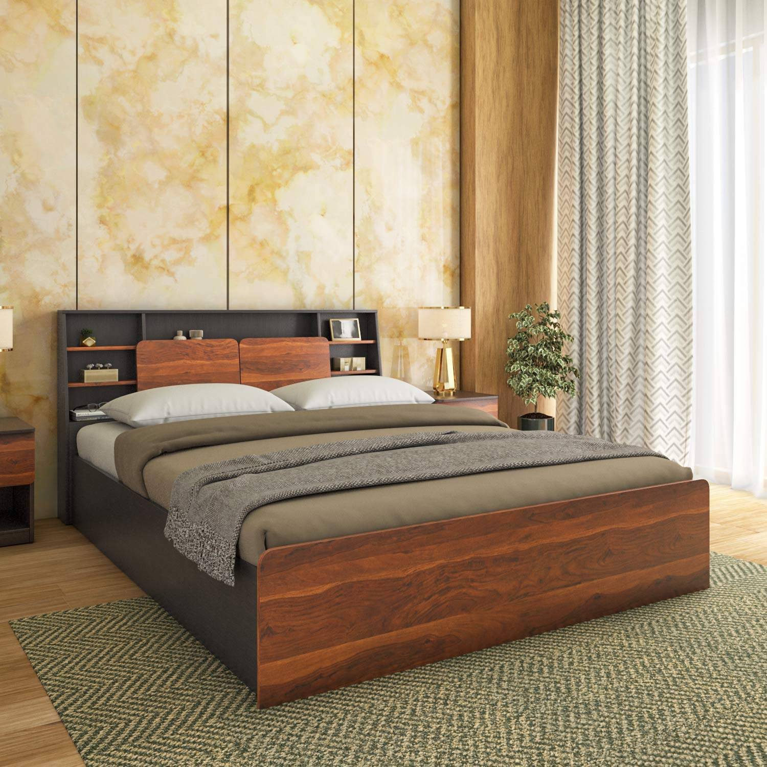 Raven Wooden King Bed with Box Storage- Wenge