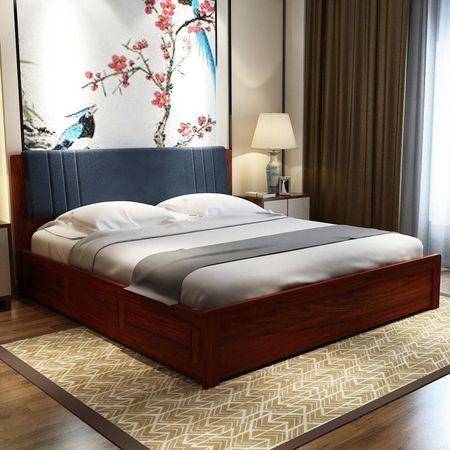 Nahiri Sheesham Wood Queen Size Bed In Honey Oak Finish With Box Storage