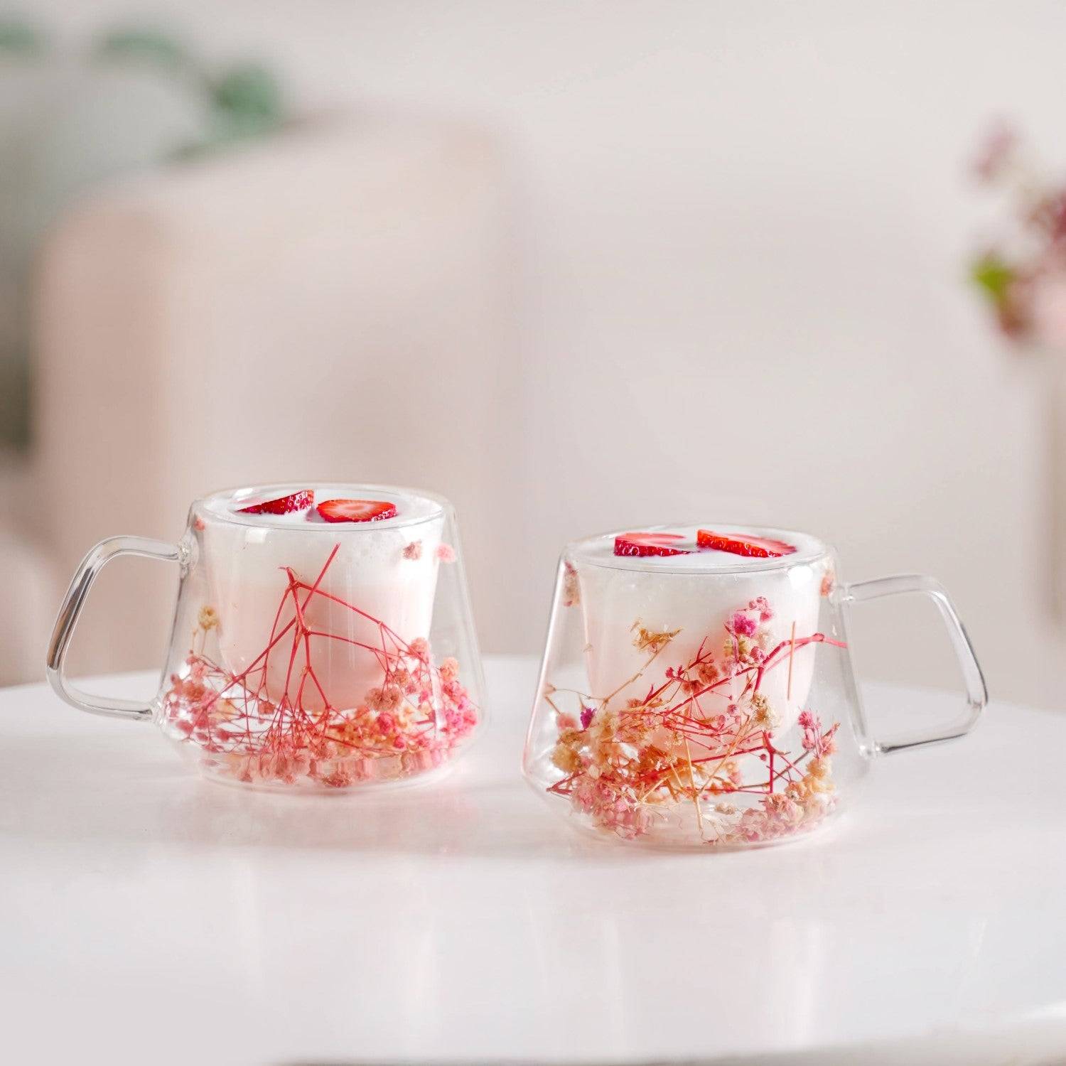 Real Flower Inside Double Wall Glass Cup Set Of 2 180ml