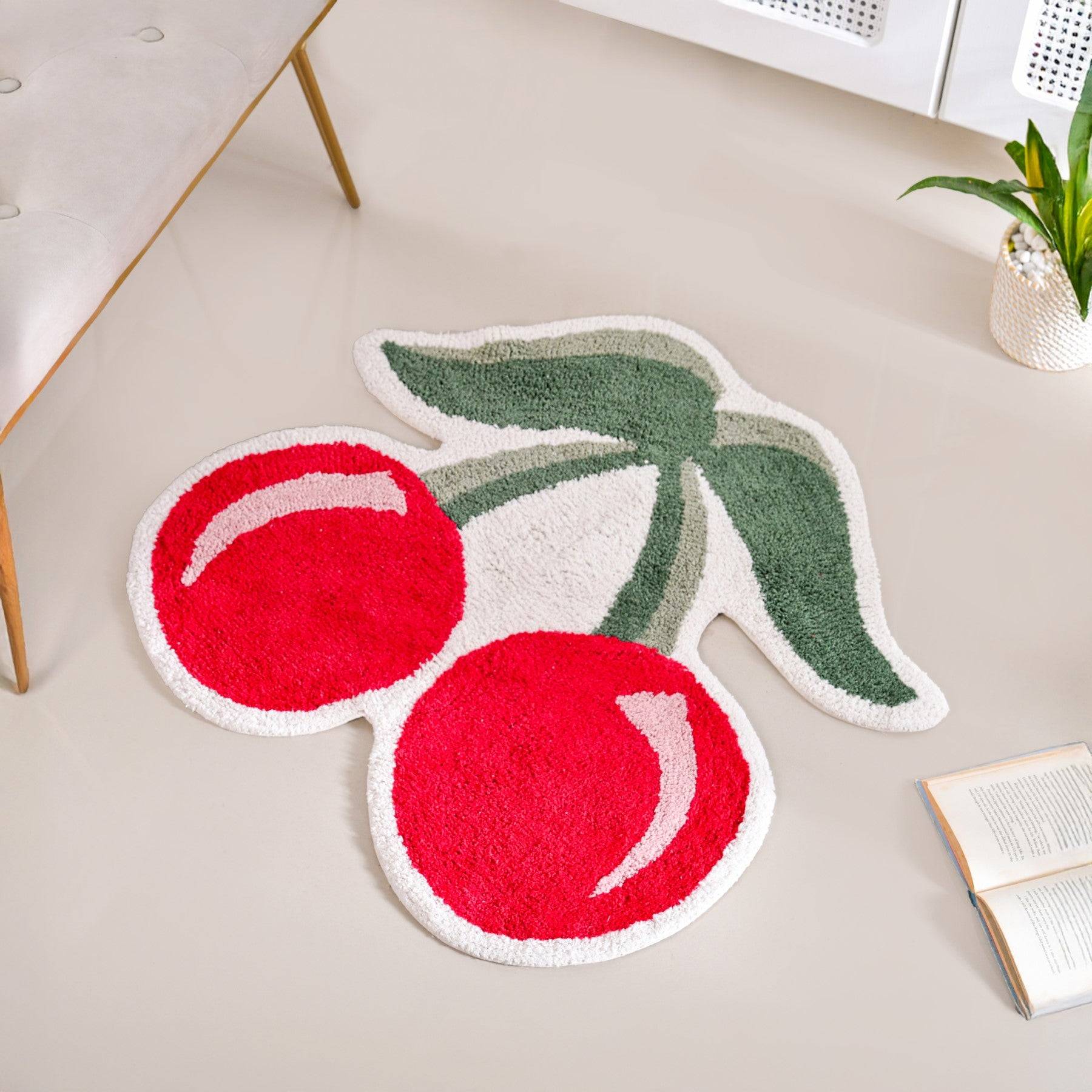 Red Cherry Tufted Cotton Anti Slip Floor Mat 77x73cm