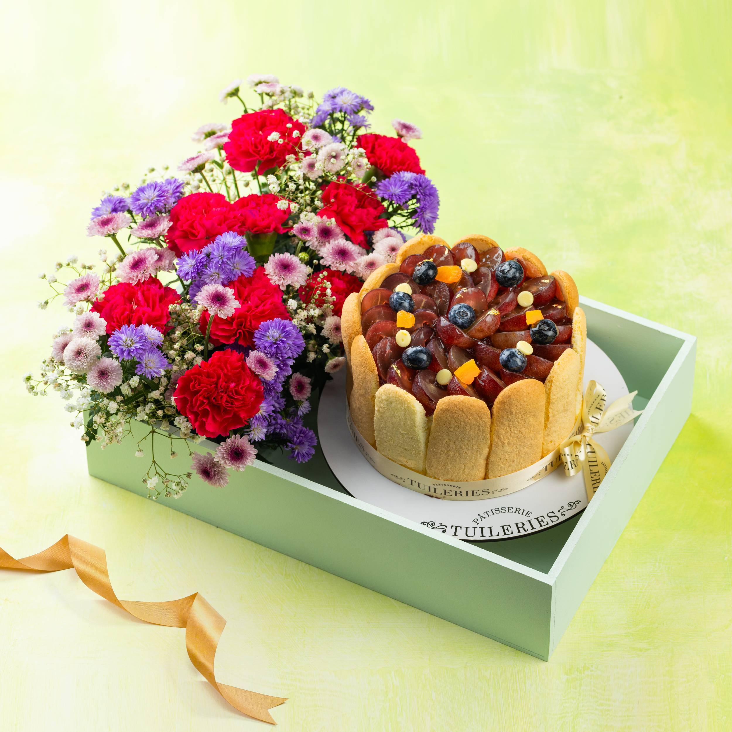 Fresh Fruit Charlotte Cake with Fresh Flower Basket