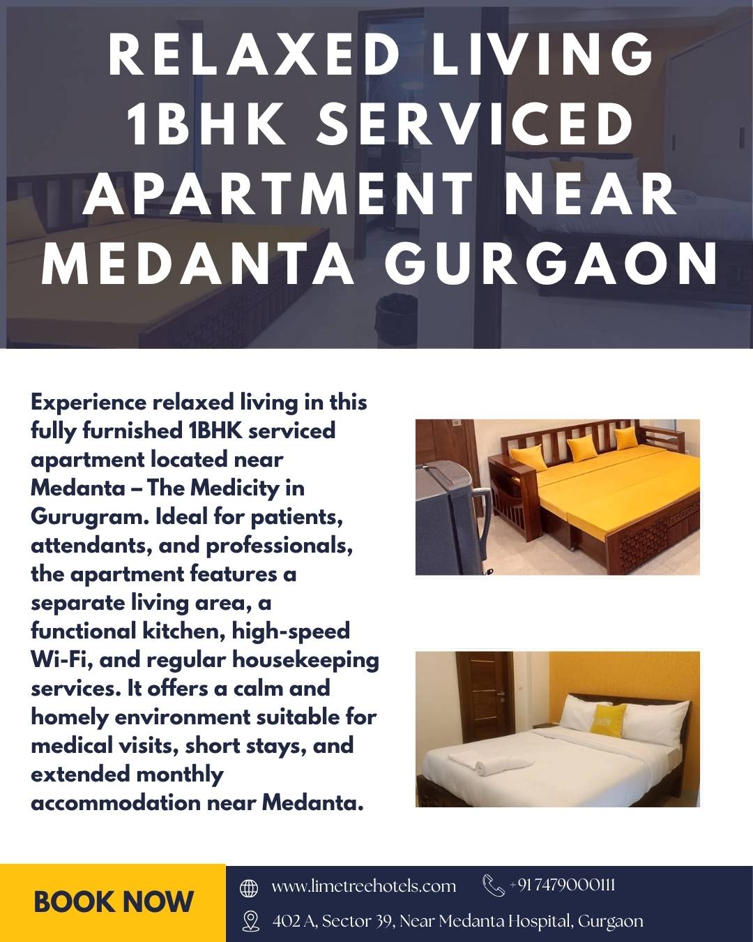 Premium 1BHK Serviced Apartment Near Medanta Gurgaon for Relaxed Long Stay