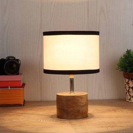 Ewald Multicolour Fabric Shade Table Lamp with Natural Wooden Base