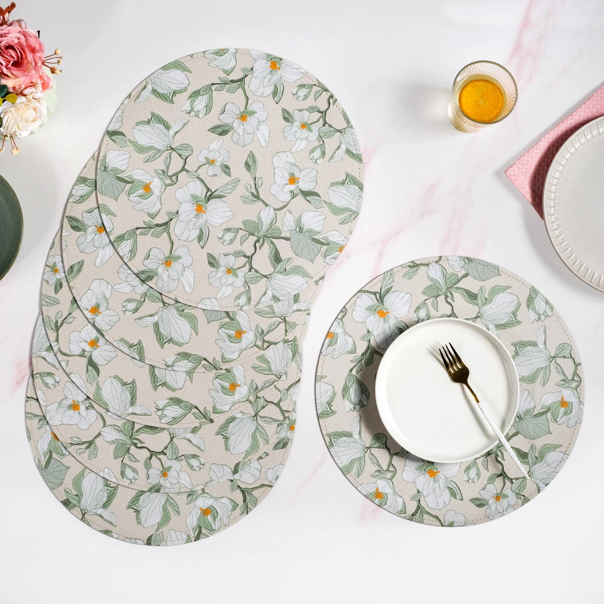 Round Green Poppy Printed Placemats Set Of 6