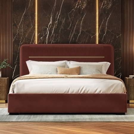 Milan Engineered Wood King Size Bed with Hydraulic Storage in Deep Crimson Velvet Colour