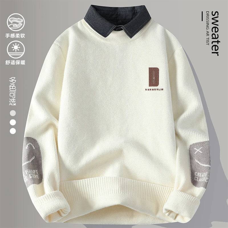 2024 Winter Fashion Fake Two Pieces Sweater Men Casual Knit Pullovers Mens Thick Warm Loose Knitted Sweaters Streetwear Man Buy only at ₹249
