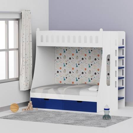Galaxy Glide Bunk Bed With Drawers Storage And Ladder Space Print At The Back In White and Blue Colour