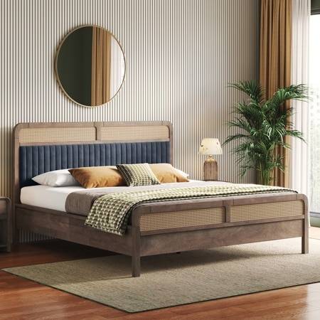 Hanoi Solid Wood Cane King Size Non Storage Bed In Danish Walnut Finish with Davos Plus Colour