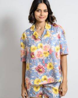 Vibrant Floral Pop Print Satin Night Suit Set, ‘Bloom Pop’ Silky Pajamas