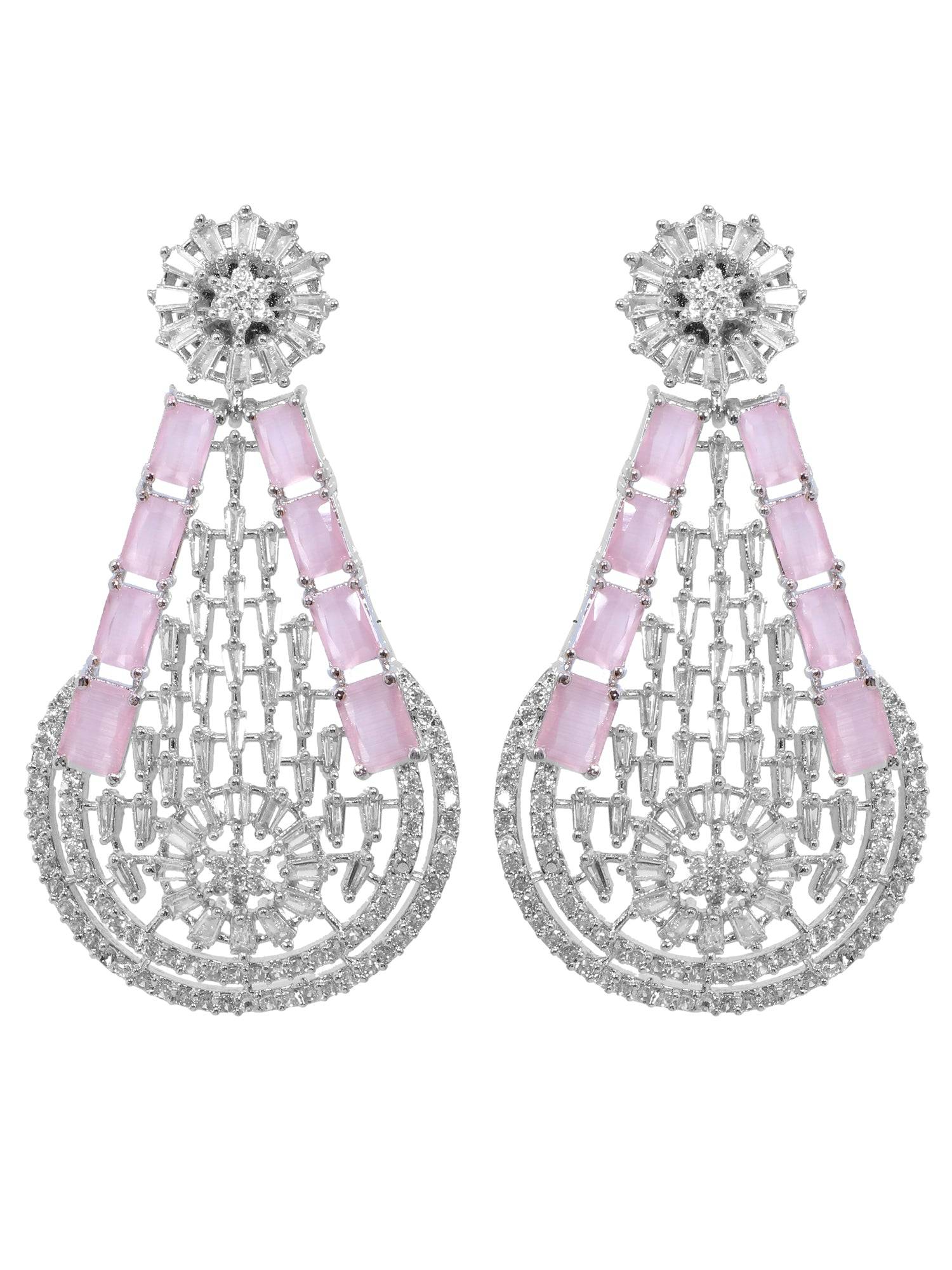 SwaDev American Diamond Silver & Pink Oval Shape Party Wear  Dangler Earring SDJE0001