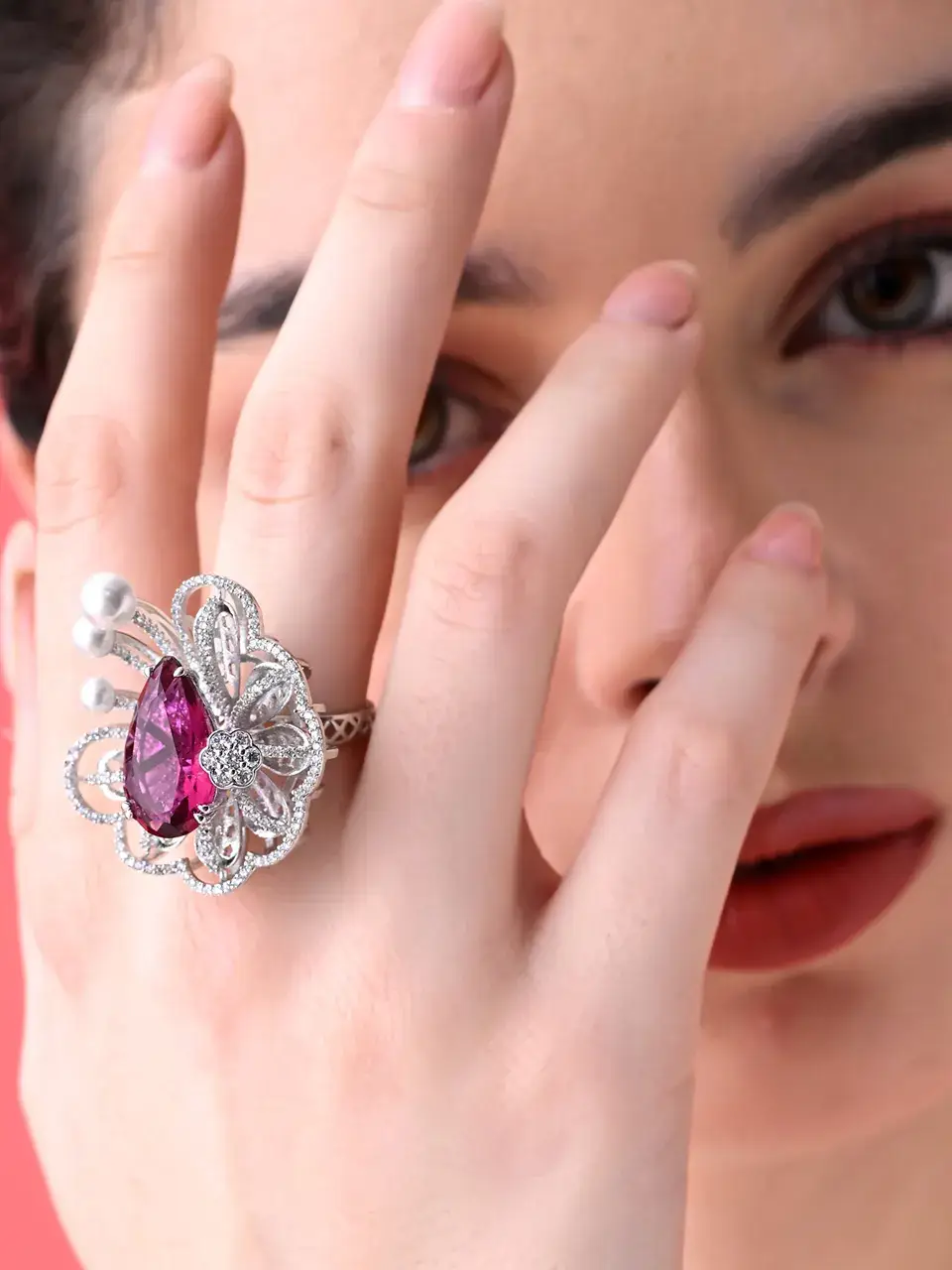 Sayda Jewels Three Pearl Crystal Diamond Ring Buy @ ₹1360